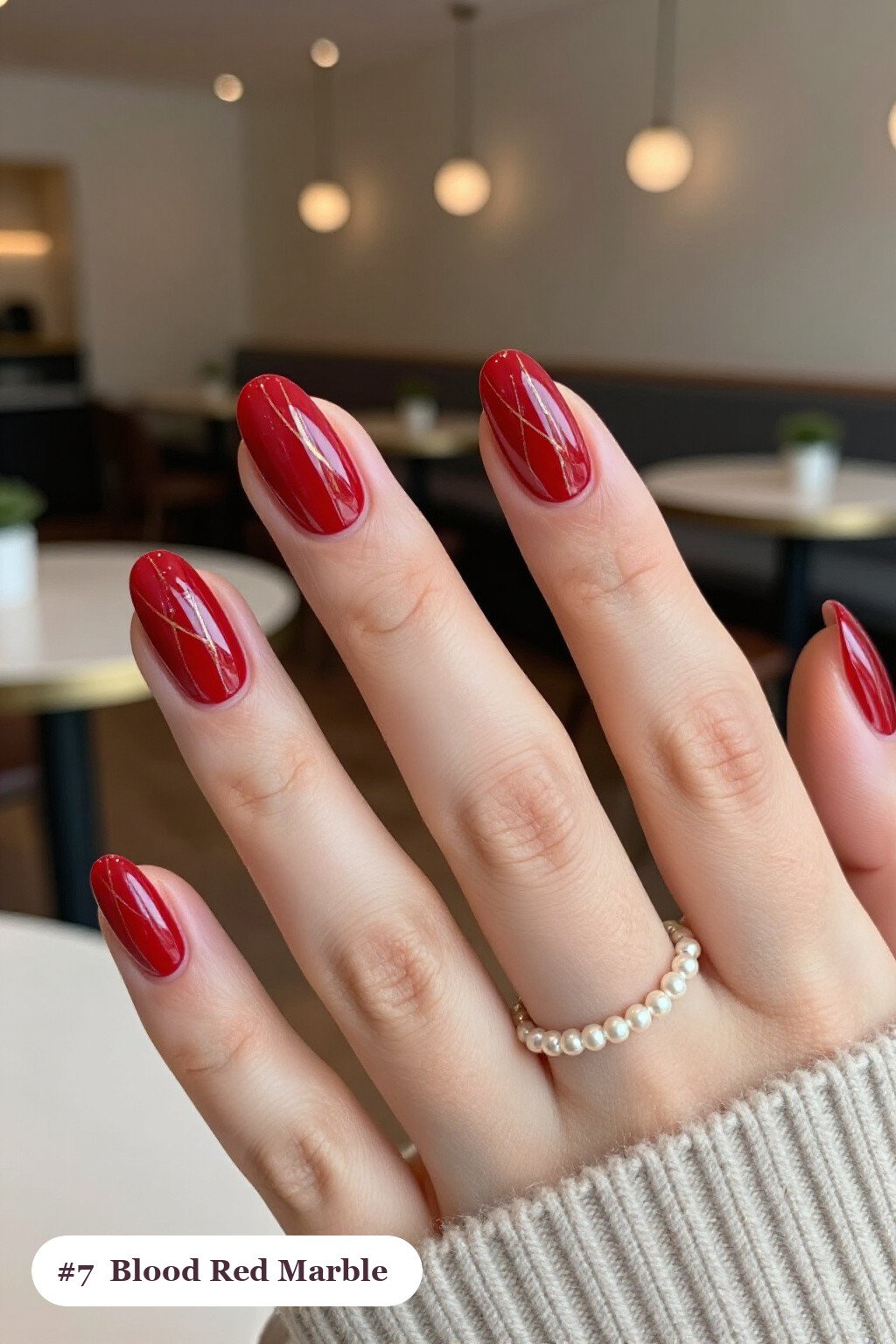 Blood Red Almond Nails Featuring White and Gold Marble Veins - halloween nails short