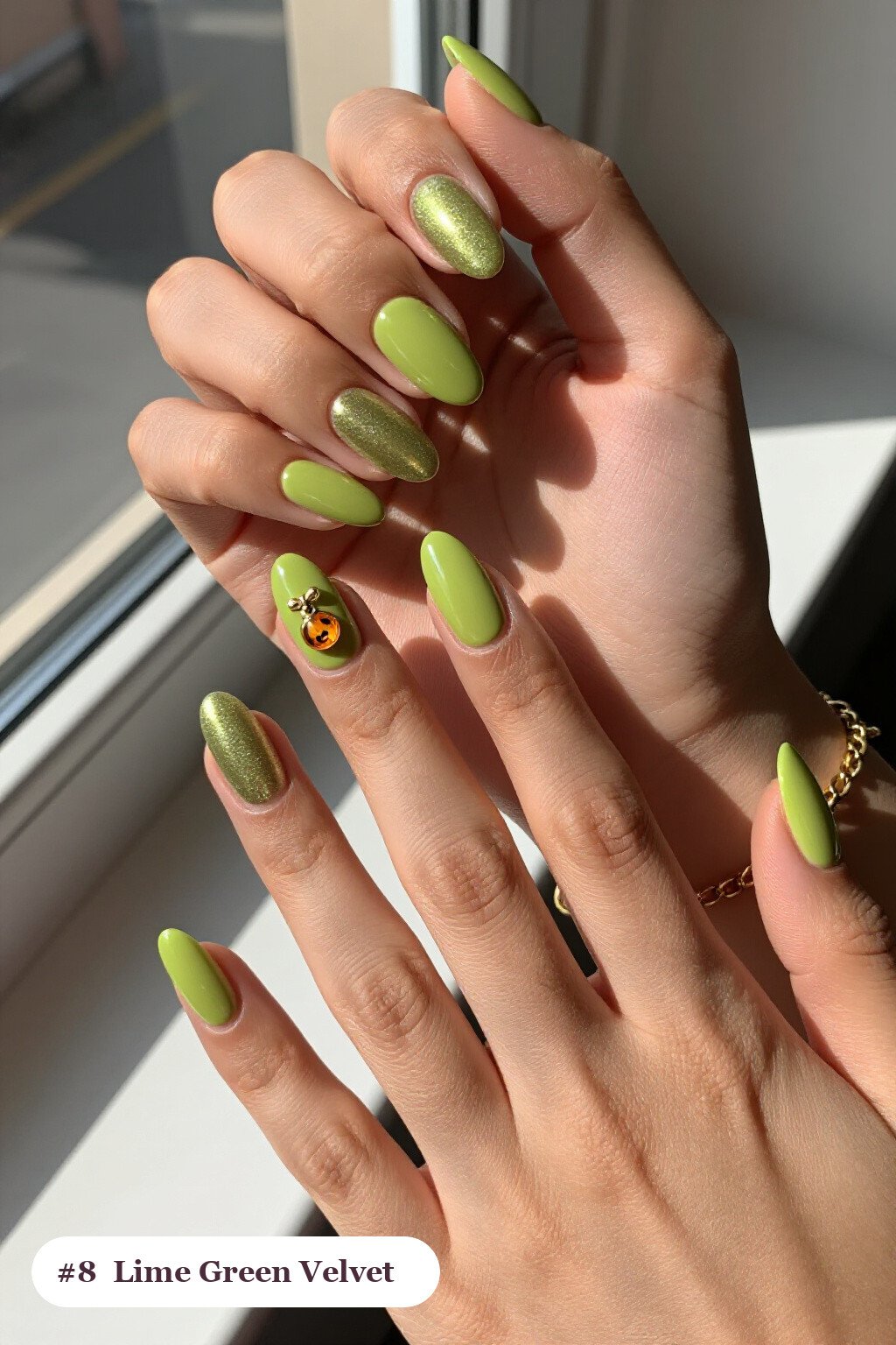 Velvet‑Shimmer Lime Green Almond Nails with a Gold Charm Accent - halloween nails short