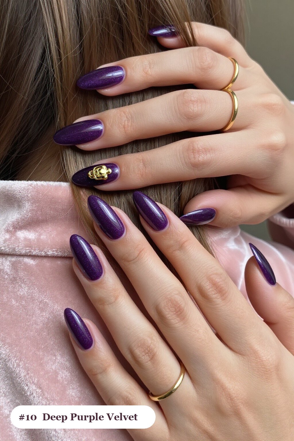 Deep Purple Almond Nails in Velvet Shimmer with Gold‑Charm Accent - halloween nails simple Deep Purple Almond Nails in Velvet Shimmer with Gold‑Charm Accent - halloween nails simple