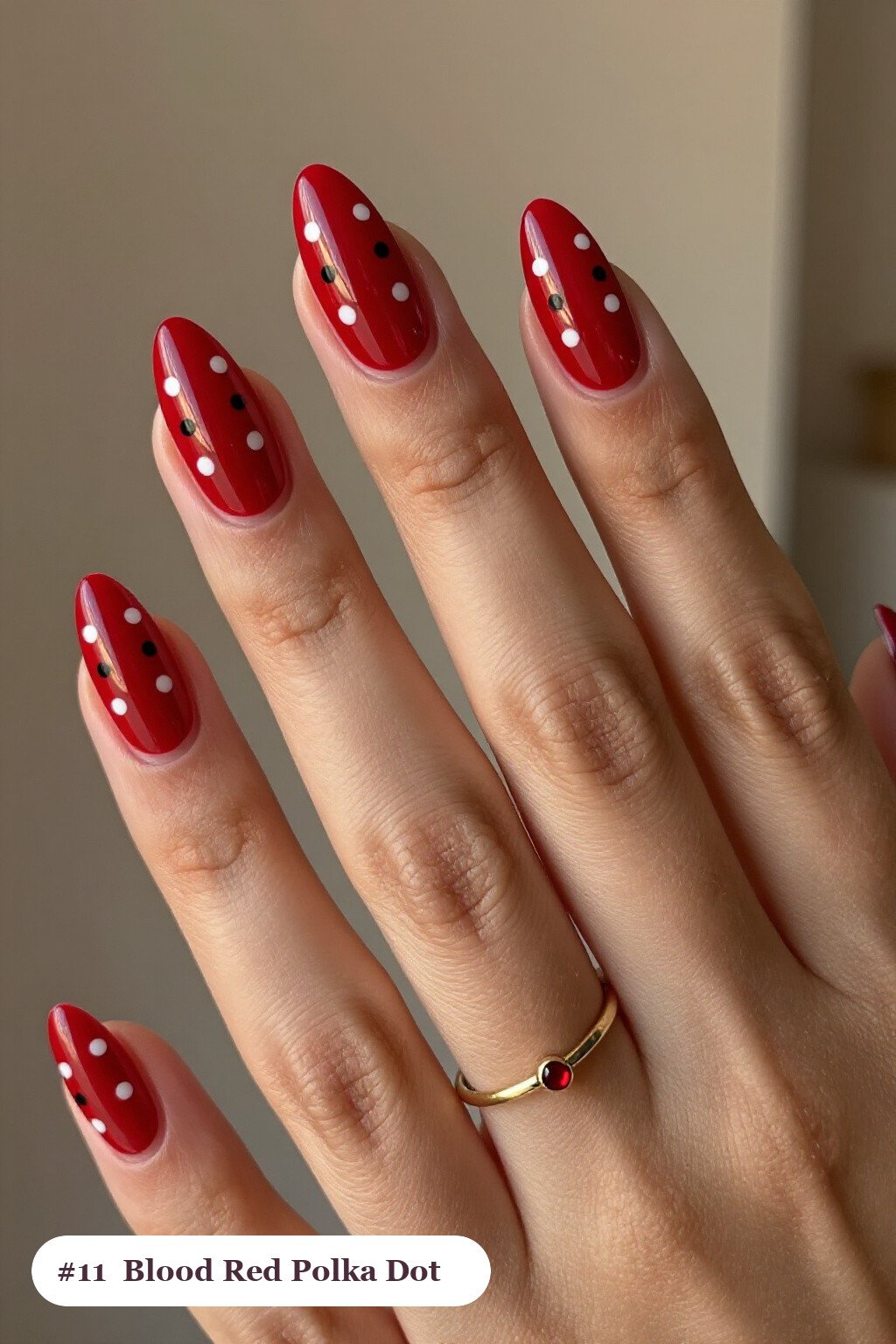 Blood Red Almond Nails with Playful Two‑Colour Polka Dots on Alternating Nails - halloween nails simple Blood Red Almond Nails with Playful Two‑Colour Polka Dots on Alternating Nails - halloween nails simple