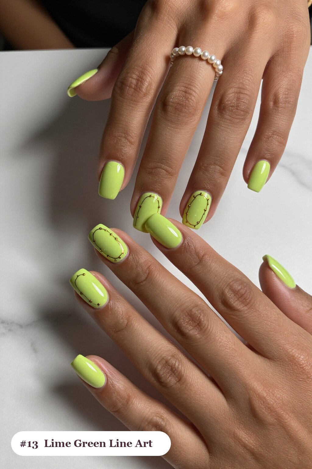 Lime Green Square Nails with Fine Gold Line Art and Tiny Dots - halloween nails simple Lime Green Square Nails with Fine Gold Line Art and Tiny Dots - halloween nails simple