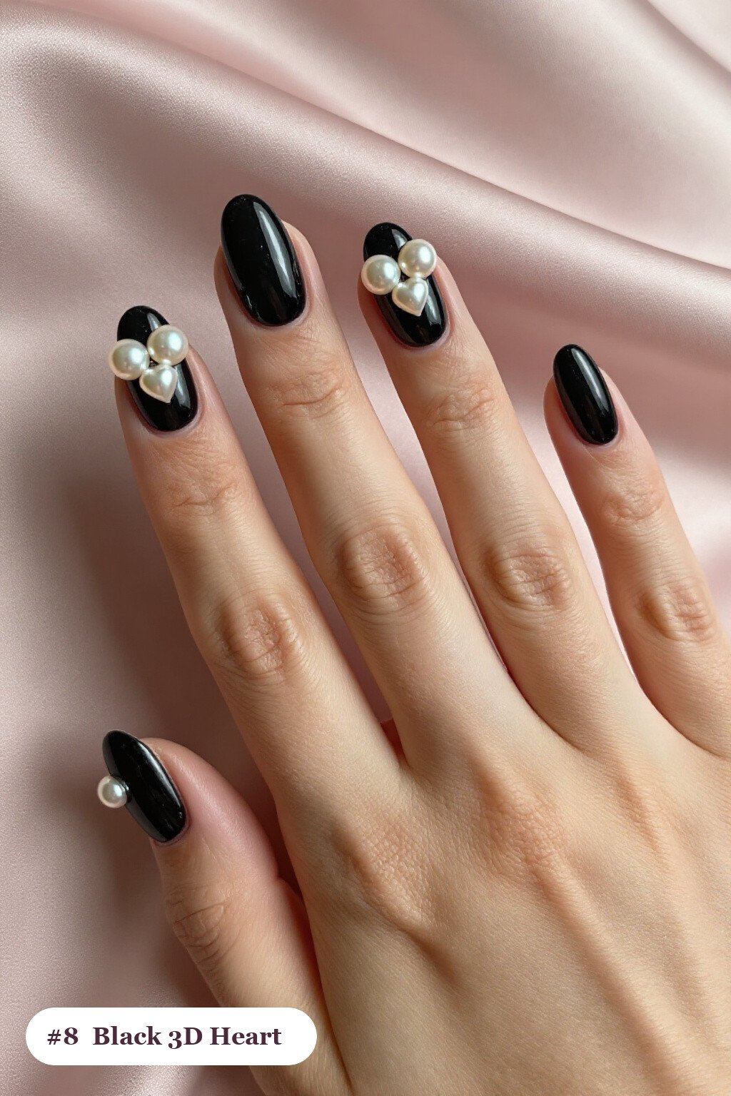 Black Oval Nails Adorned with Chunky 3D Gel Hearts and Pearls - halloween nails simple Black Oval Nails Adorned with Chunky 3D Gel Hearts and Pearls - halloween nails simple