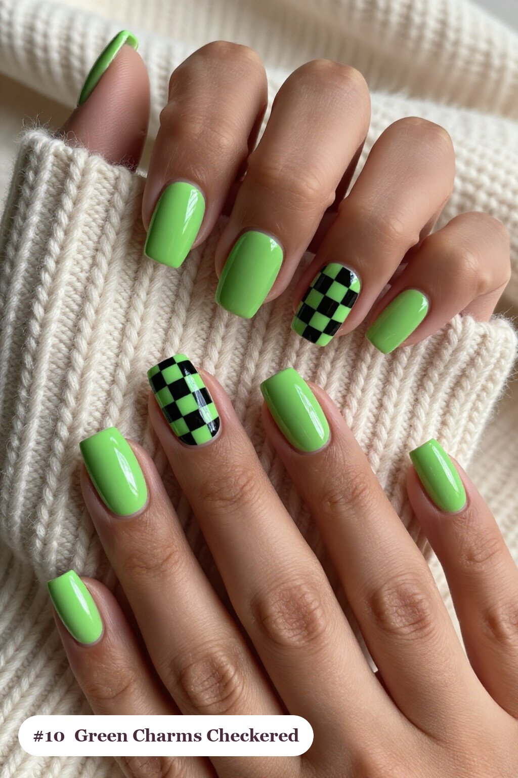 Medium square lime green charms nails with a bold checkerboard pattern on two accent nails and solid colour on the rest, perfect for halloween - halloween nails with charms