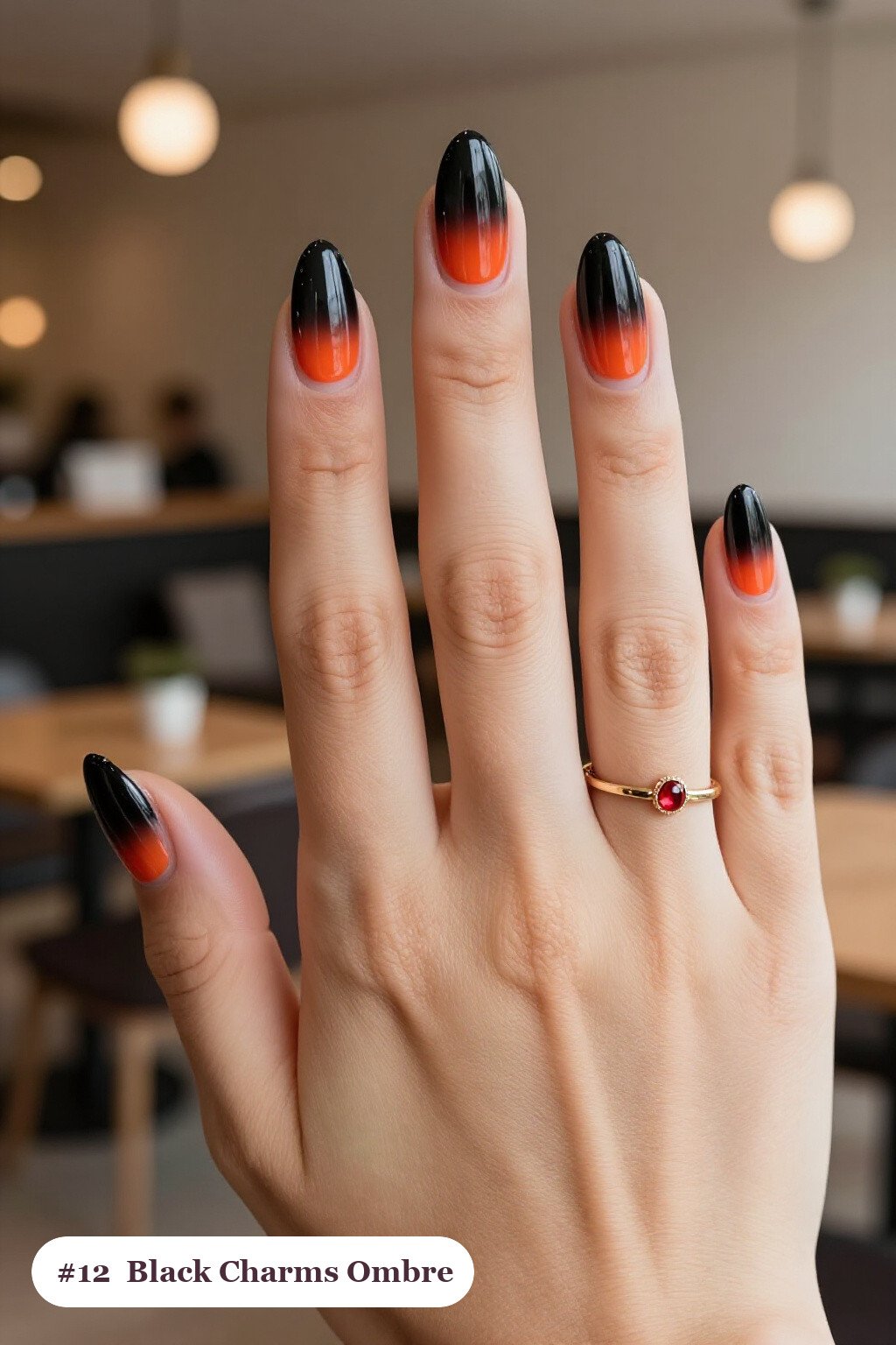 Medium almond black charms nails with a vivid two-colour ombre melting from the cuticle to the tips, perfect for halloween - halloween nails with charms