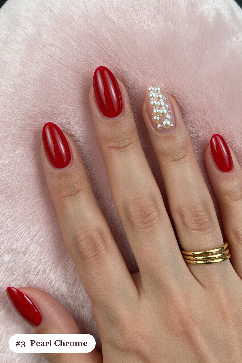 Medium oval blood red charms nails with glazed pearl chrome over the colour for an iridescent sheen, perfect for halloween - halloween nails with charms