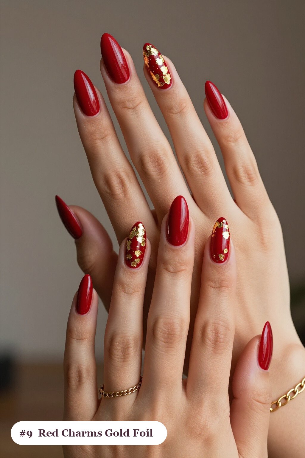 Long ballerina blood red charms nails with dense gold foil flakes and gold leaf scattered across every nail, perfect for halloween - halloween nails with charms