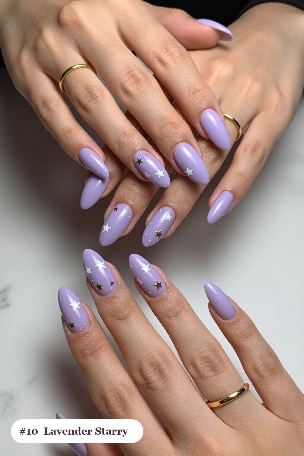 Lavender Almond Nails Sprinkled with White and Gold Stars - long almond nails