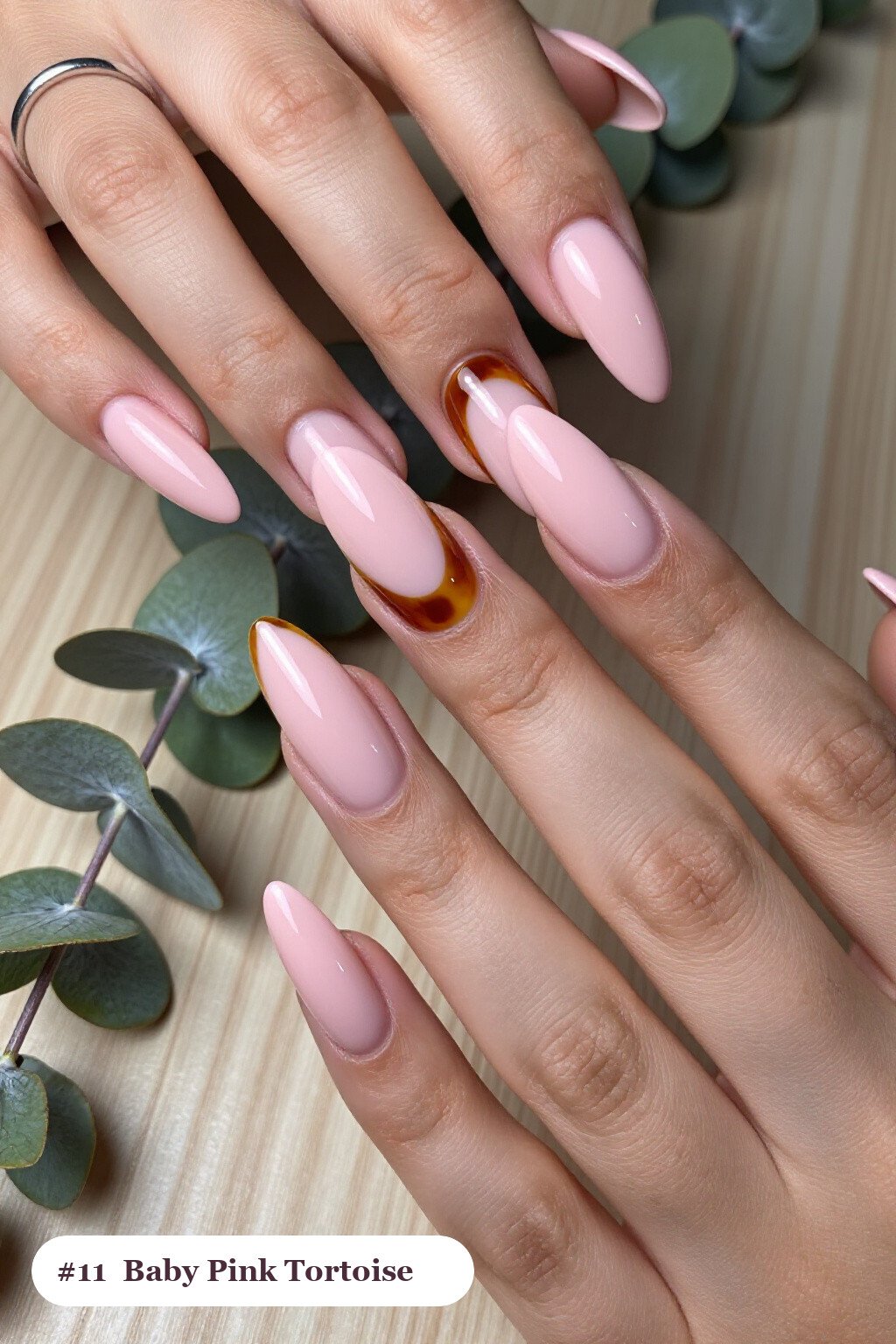 Baby Pink Almond Nails with Amber Tortoiseshell Accents: How to Make Them Last Longer - long almond nails