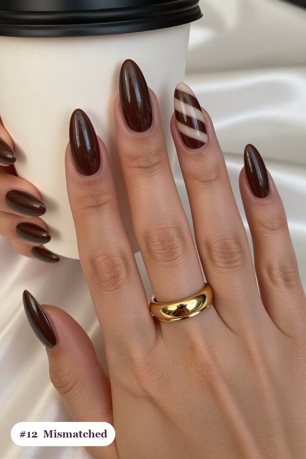 Chocolate Brown Almond Nails in Mismatched Pattern Set - long almond nails