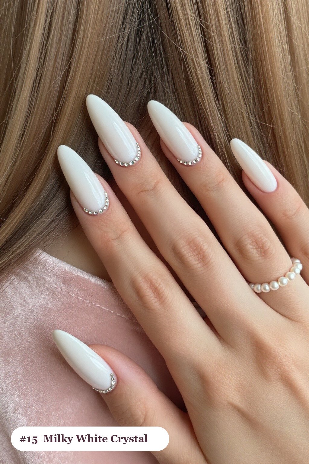 Milky White Almond Nails with Crystal Rhinestones: On Short Nails - long almond nails