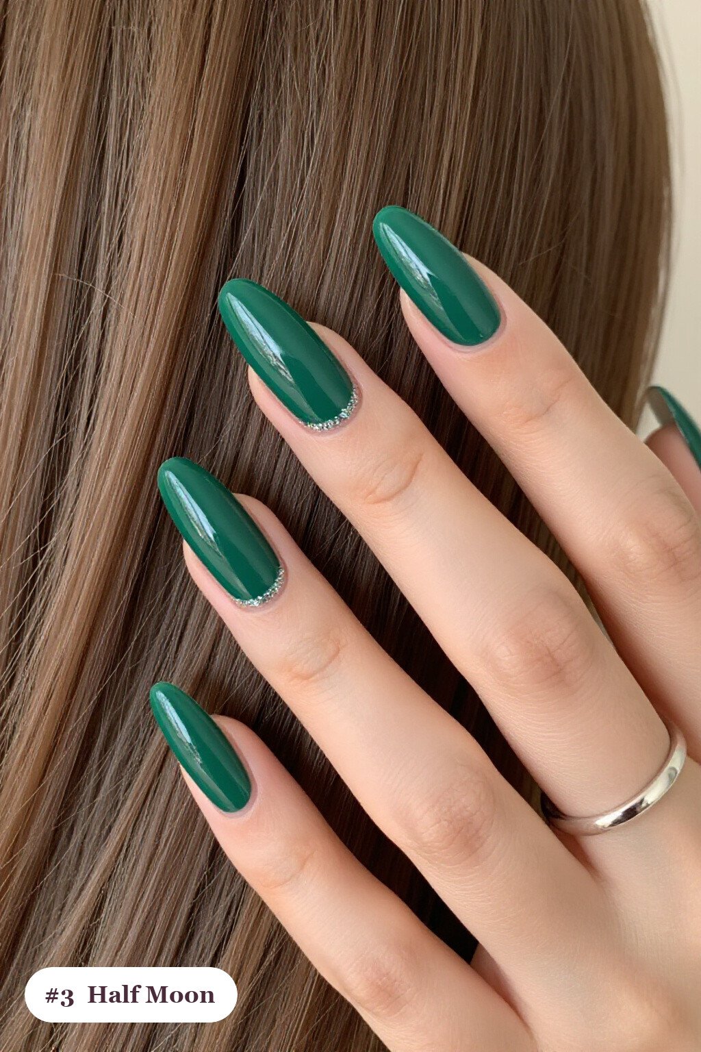 Emerald Green Almond Nails with Half‑Moon Glitter - long almond nails
