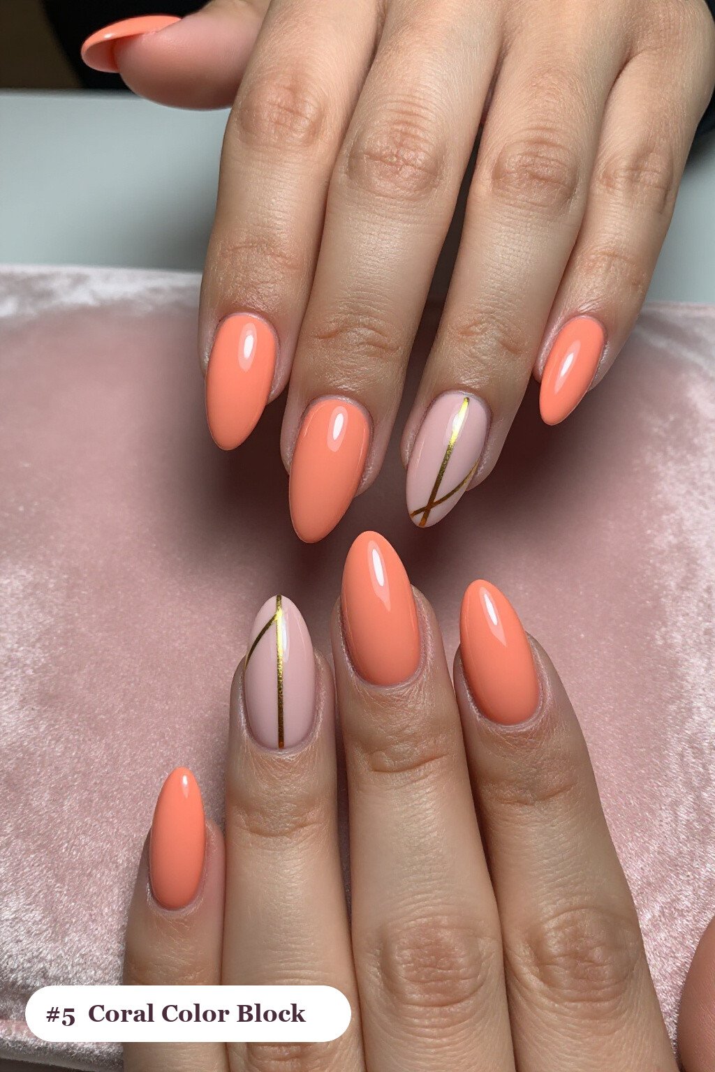 Coral Almond Nails with Diagonal Colour‑Block and Gold Line - long almond nails
