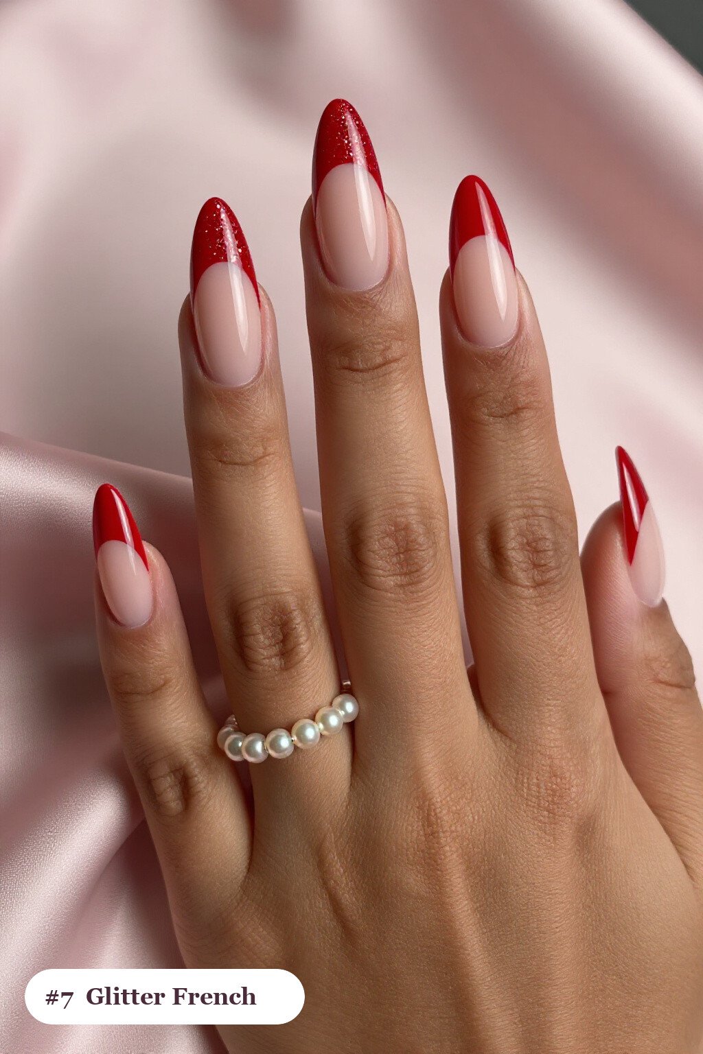 Cherry Red Almond Nails with Glitter French Tips - long almond nails