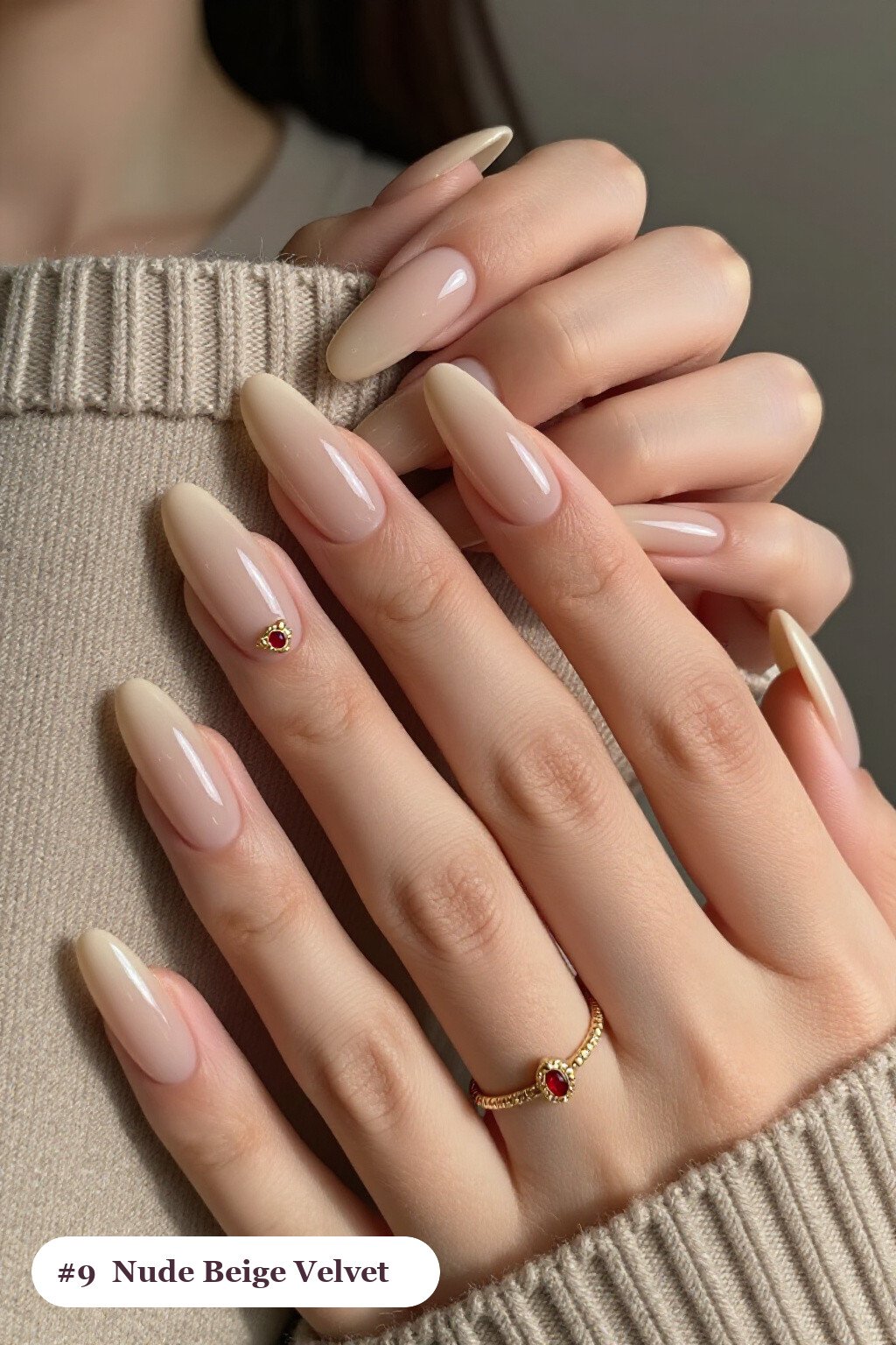 Nude Beige Almond Nails with Velvet Shimmer and Gold Charm Accent - long almond nails