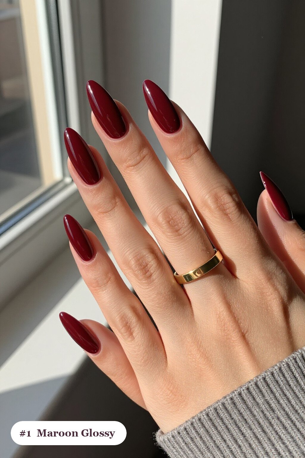Long stiletto maroon nails in a flawless mirror-glossy full-colour finish, perfect for fall - maroon fall nails Long stiletto maroon nails in a flawless mirror-glossy full-colour finish, perfect for fall - maroon fall nails