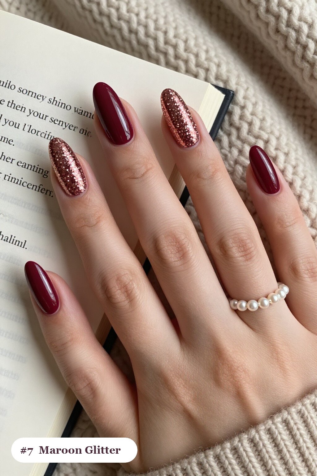 Medium almond maroon nails with a sparkling glitter gradient rising from the cuticle, with rose gold details, perfect for fall - maroon fall nails Medium almond maroon nails with a sparkling glitter gradient rising from the cuticle, with rose gold details, perfect for fall - maroon fall nails