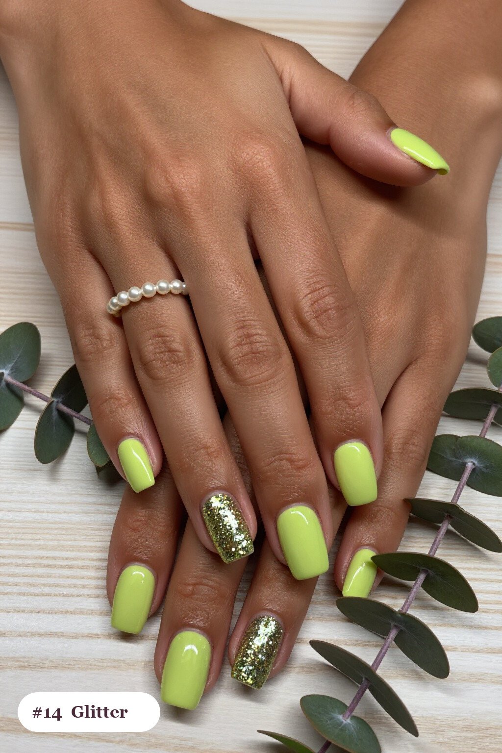 Medium square lime green minimalist nails with a sparkling glitter gradient rising from the cuticle, perfect for halloween - minimalist halloween nails