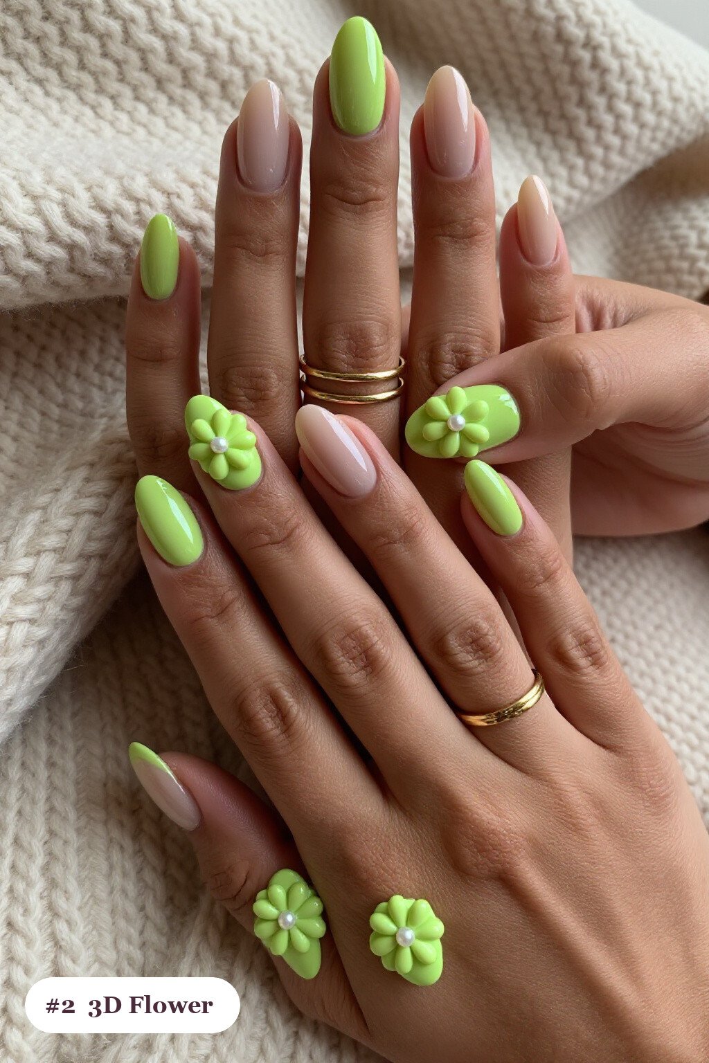 Medium almond lime green minimalist nails with raised 3D flowers with pearl centres on two accent nails, perfect for halloween - minimalist halloween nails