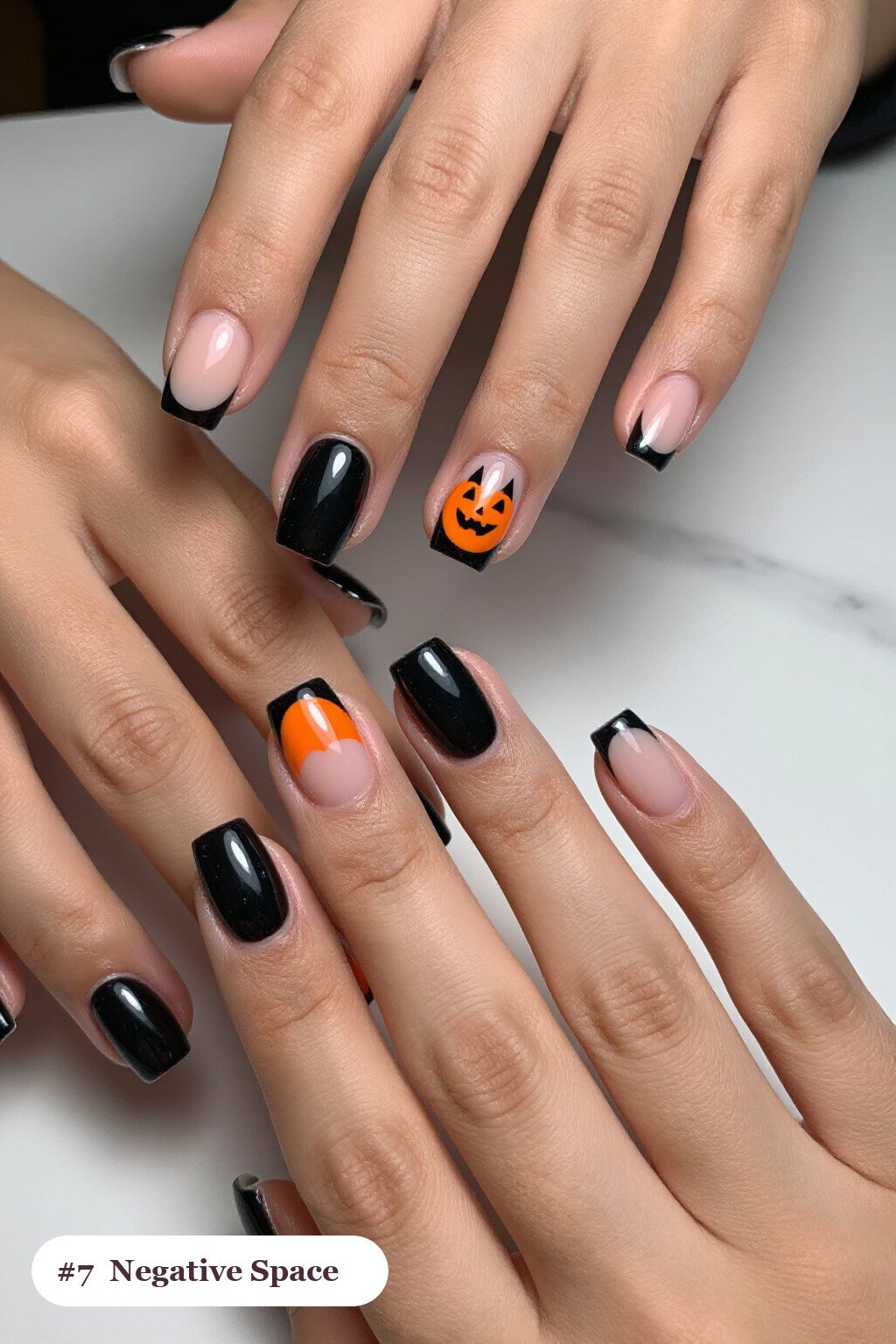 Short square black minimalist nails in a negative-space design with sheer nude windows and bold colour shapes, perfect for halloween - minimalist halloween nails
