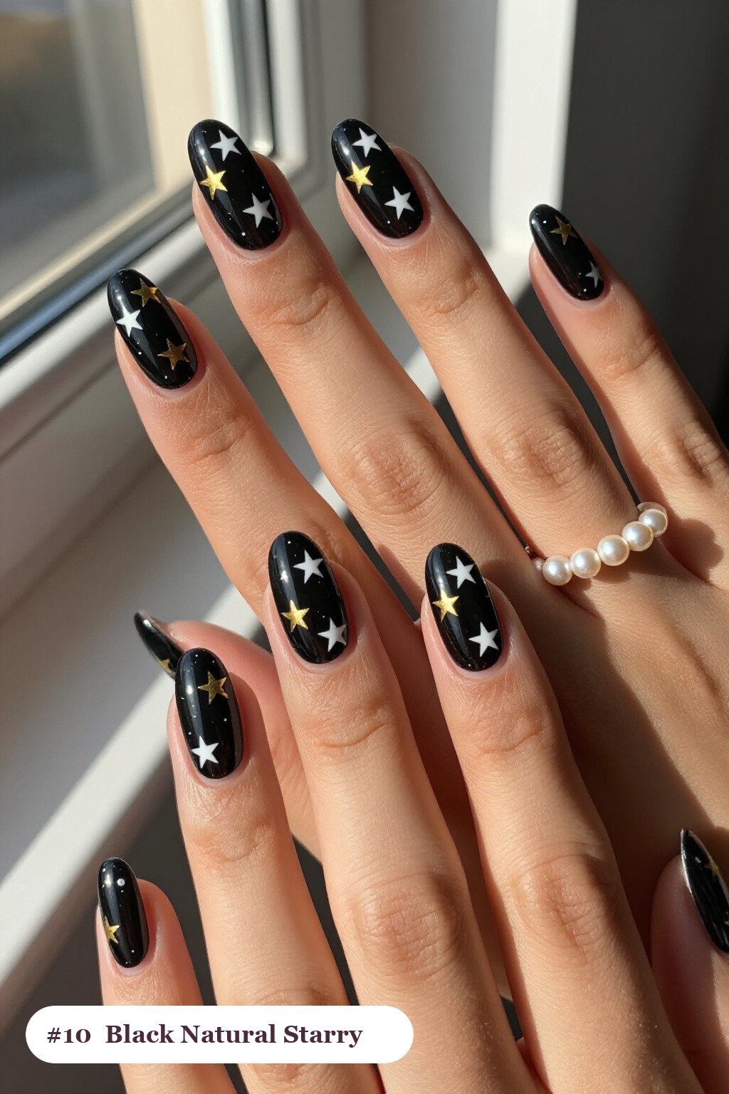 Black Coffin Nails with White & Gold Stars: How to Make It Last Longer - natural halloween nails Black Coffin Nails with White & Gold Stars: How to Make It Last Longer - natural halloween nails