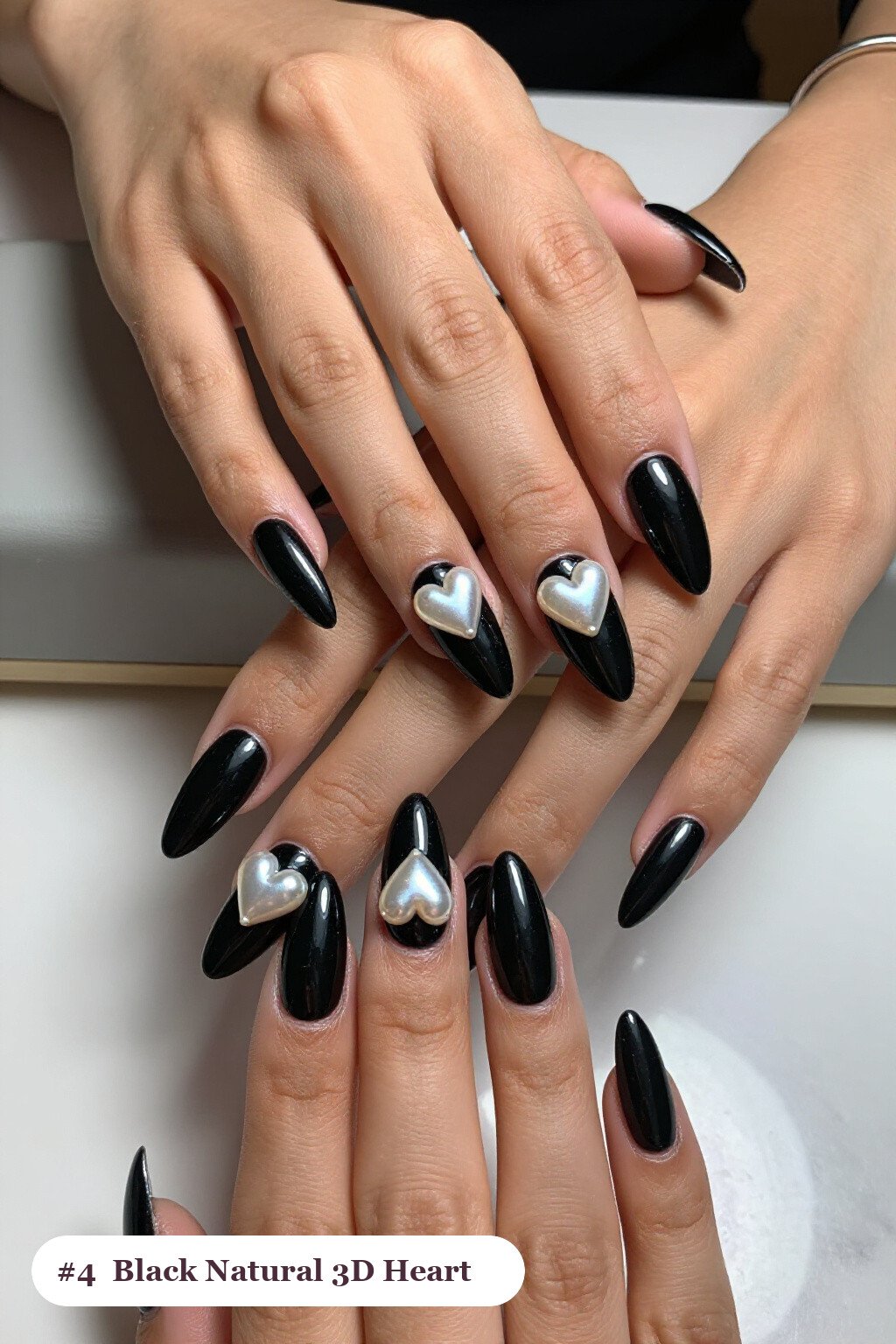 Black Almond Nails Featuring Chunky 3D Gel Hearts and Pearls - natural halloween nails Black Almond Nails Featuring Chunky 3D Gel Hearts and Pearls - natural halloween nails