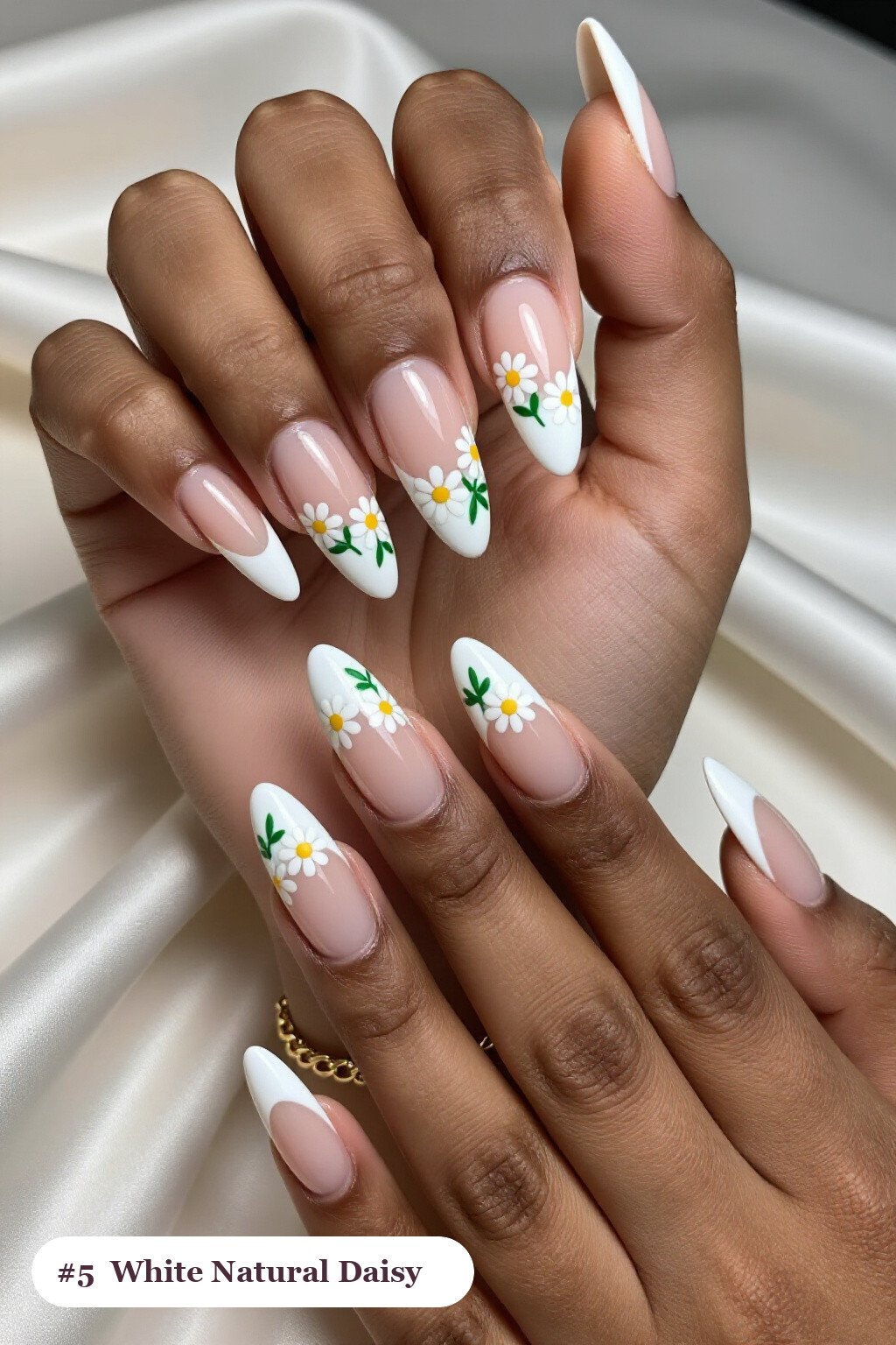 Bone White Ballerina Nails Hand‑Painted with Daisies and Green Leaves - natural halloween nails Bone White Ballerina Nails Hand‑Painted with Daisies and Green Leaves - natural halloween nails