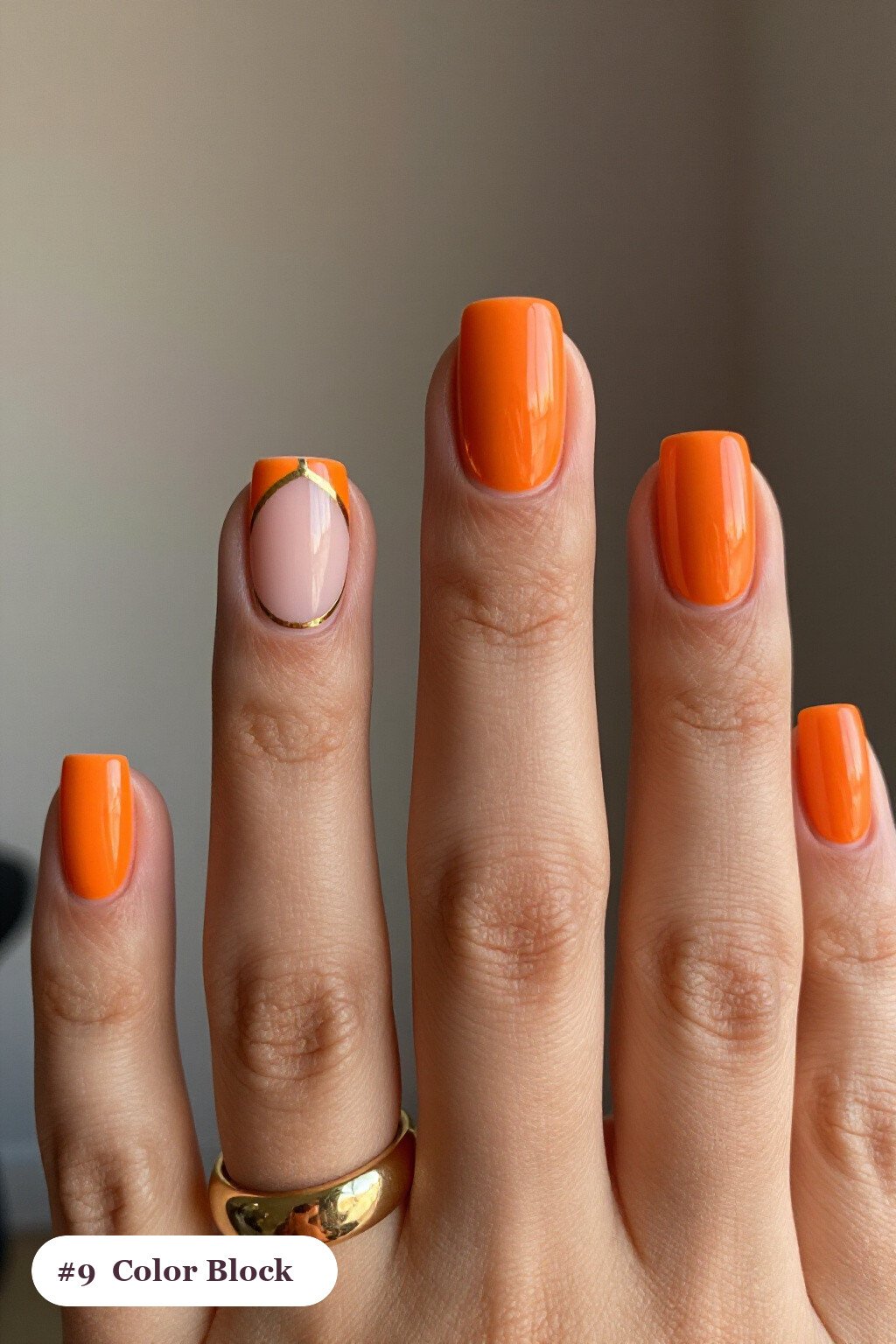 Orange Short Square Nails in Diagonal Color‑Block with Thin Gold Line - natural halloween nails Orange Short Square Nails in Diagonal Color‑Block with Thin Gold Line - natural halloween nails