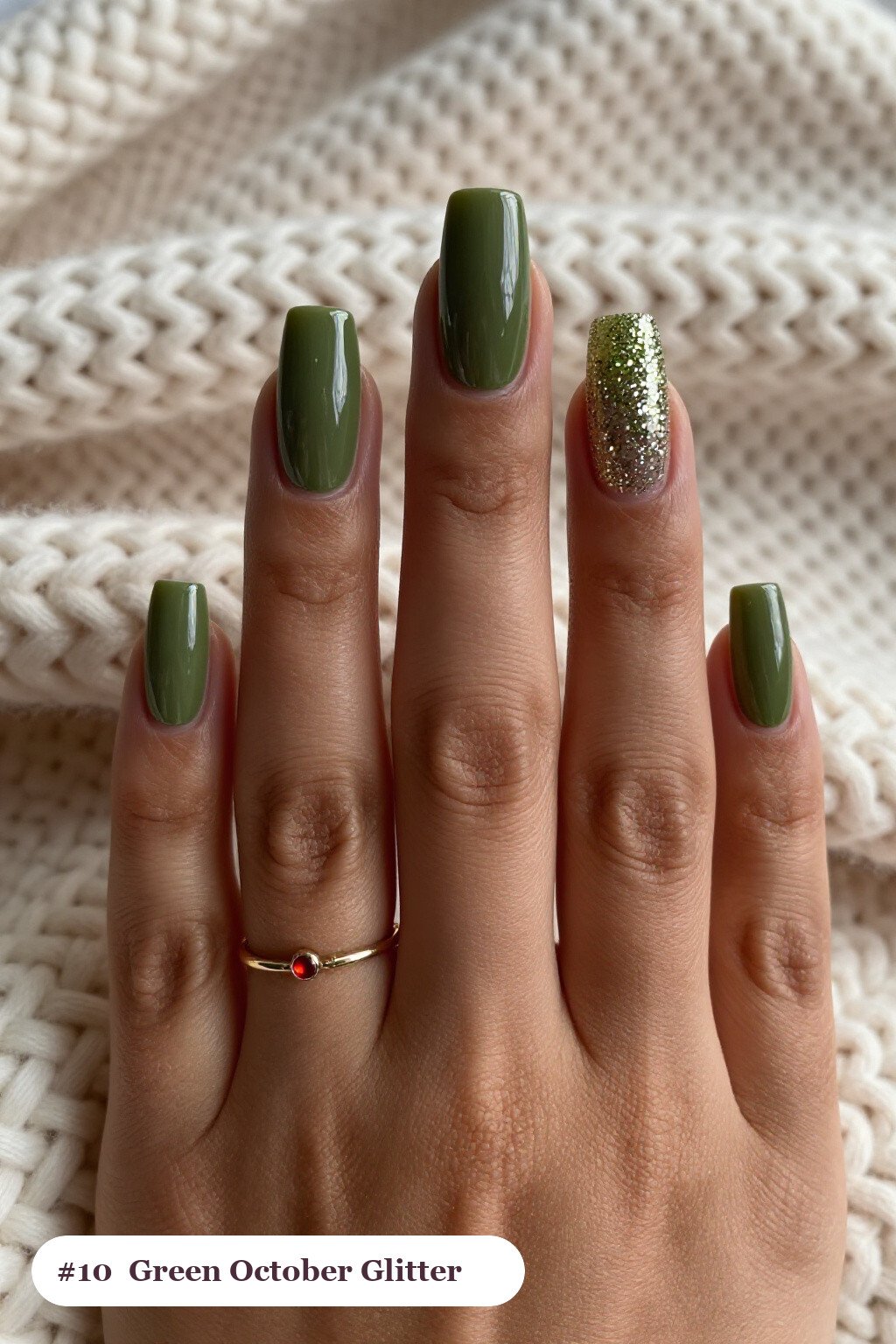 Long Square Olive Green Nails with Glitter Gradient Rising from the Cuticle - october fall nail designs