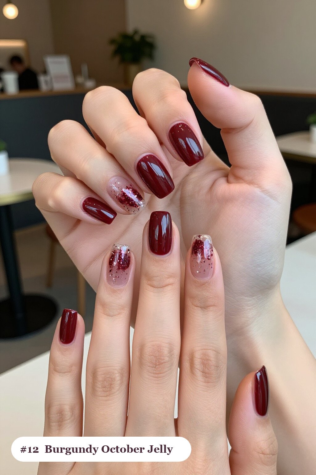Medium Square Burgundy Nails in See‑Through Jelly Finish with Encapsulated Glitter - october fall nail designs