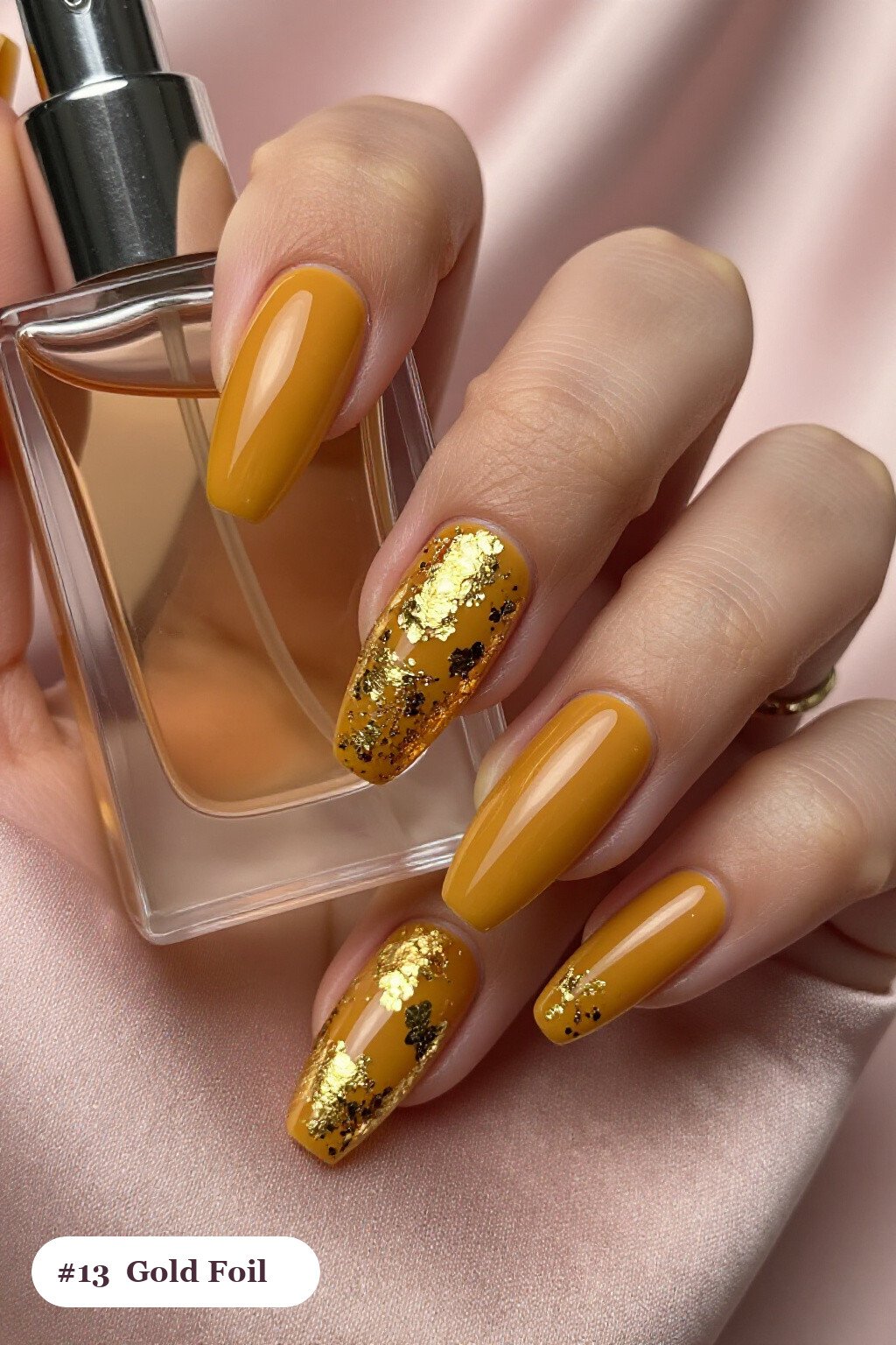 Long Coffin Mustard Nails Covered in Dense Gold Foil Flakes and Gold Leaf - october fall nail designs
