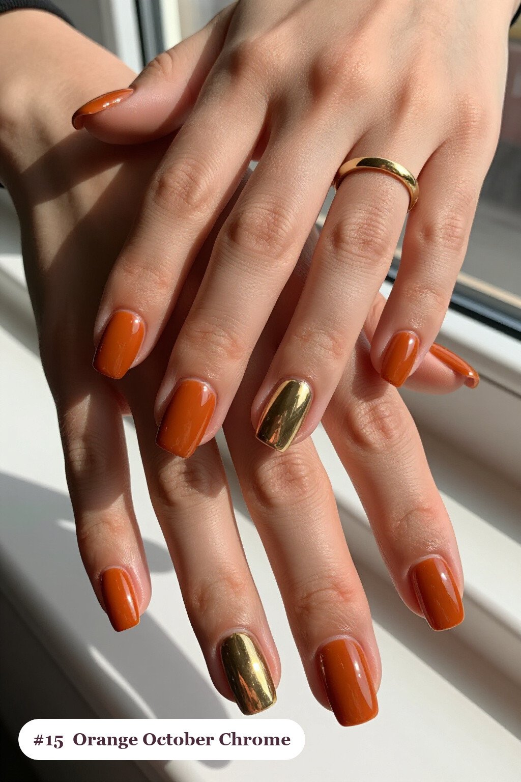Short Square Burnt Orange Nails in Liquid Chrome Mirror Finish with Metallic Highlights: On Short Nails - october fall nail designs