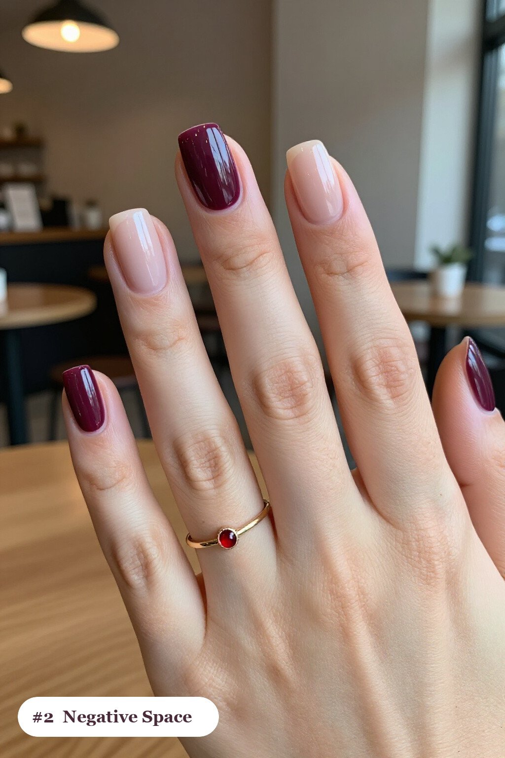 Medium Square Deep Plum Nails with Negative‑Space Nude Windows - october fall nail designs