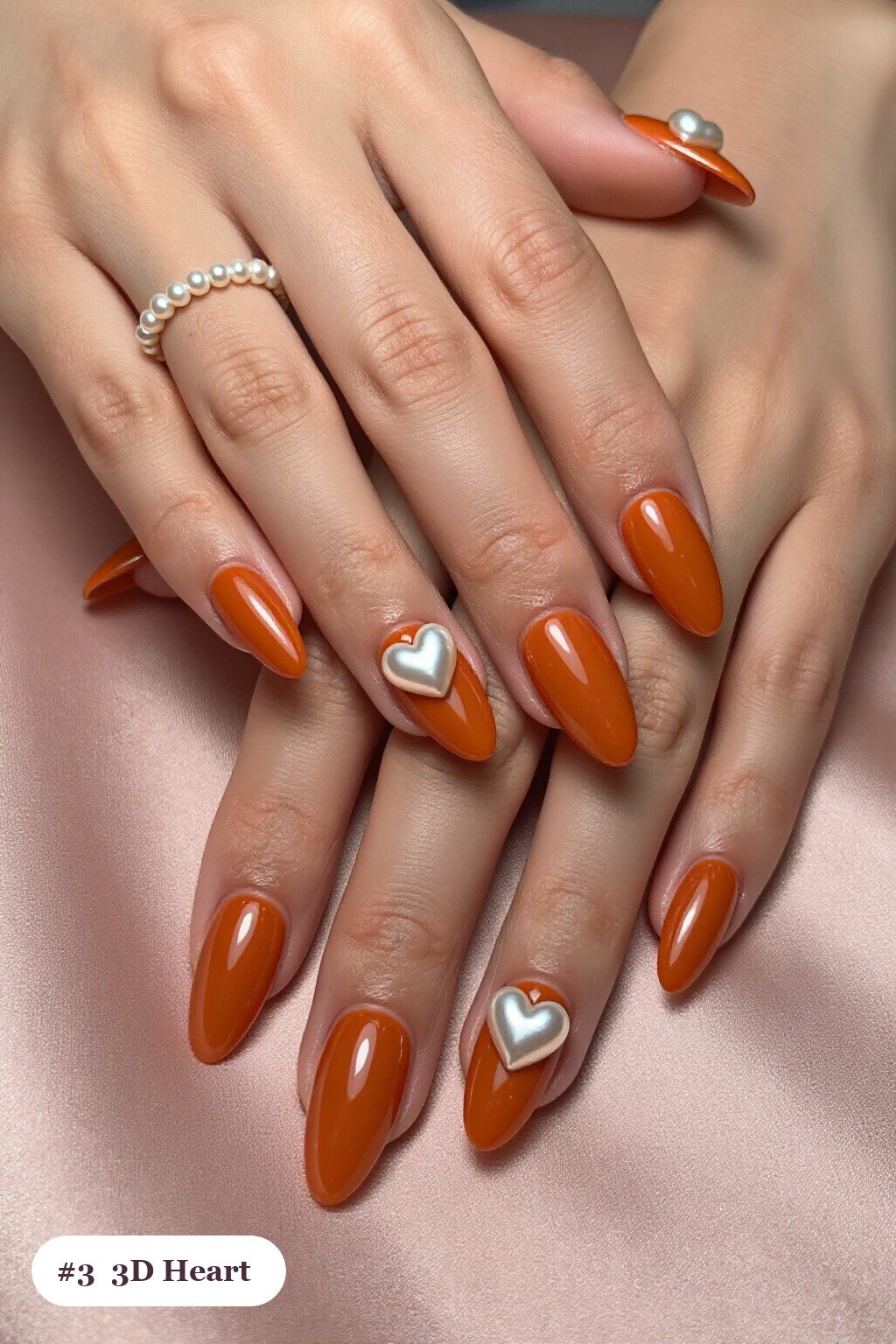Long Coffin Burnt Orange Nails with Chunky 3D Gel Hearts and Pearls – October Fall Nail Designs - october fall nail designs