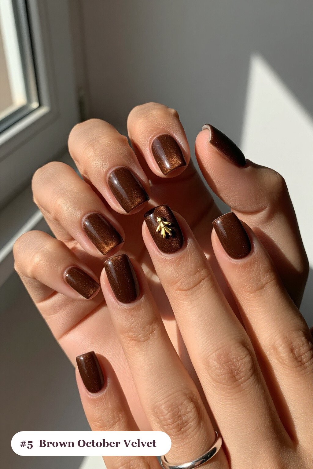 Short Square Chocolate Brown Nails in Velvet Shimmer with a Gold‑Charm Accent - october fall nail designs