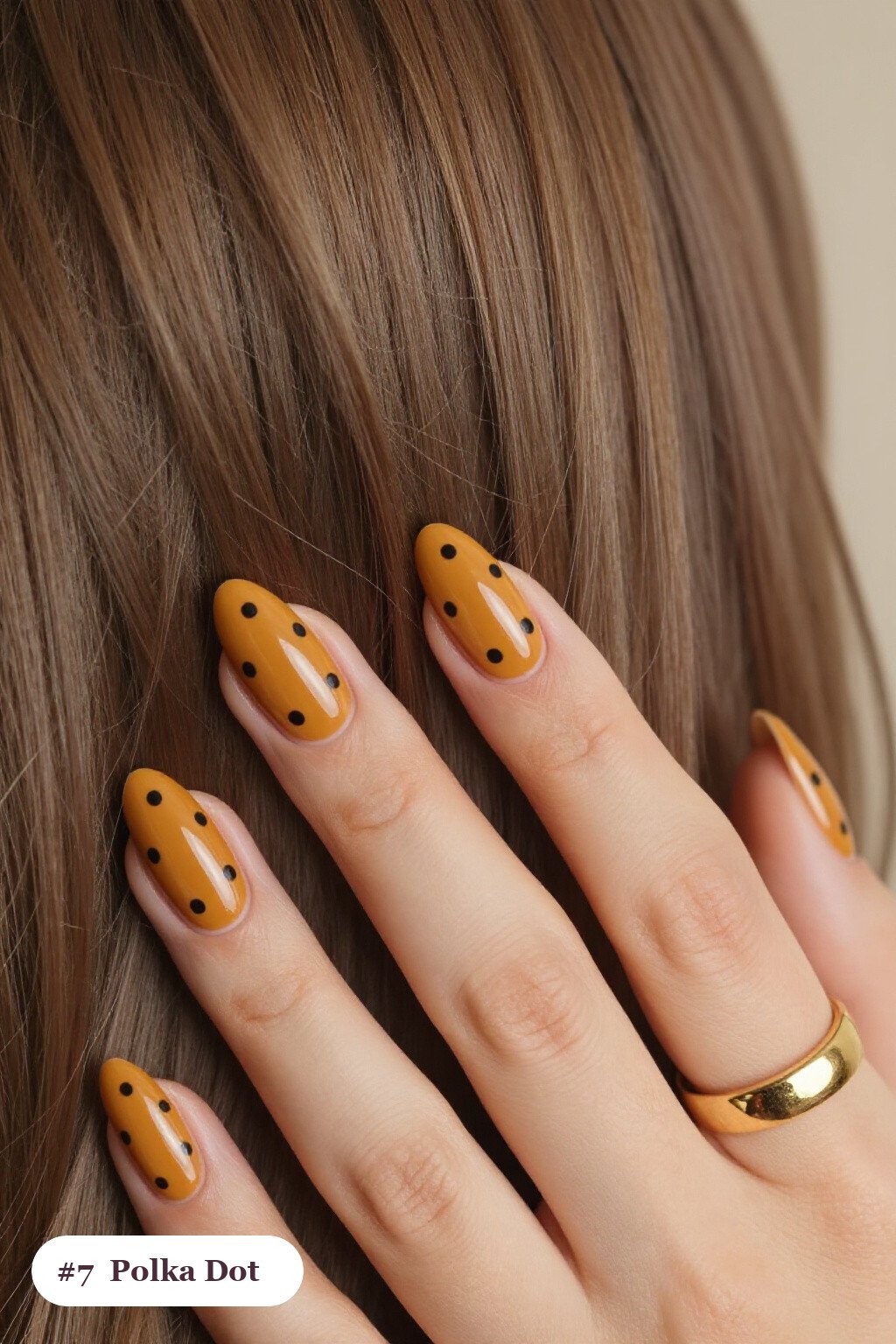 Medium Almond Mustard Nails Playful Polka Dots in Two Colours - october fall nail designs