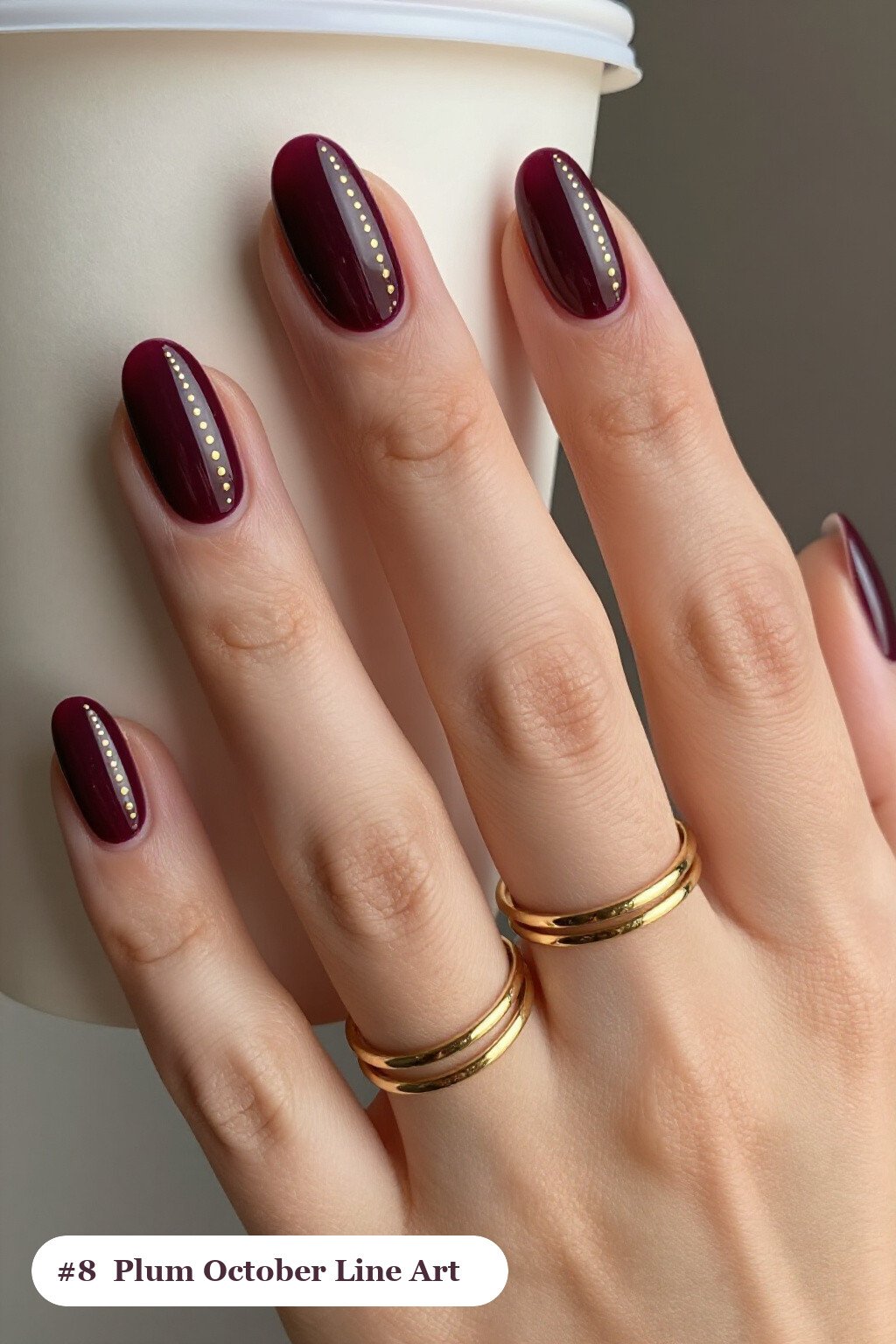 Medium Coffin Deep Plum Nails with Fine Gold Line Art and Tiny Dots - october fall nail designs