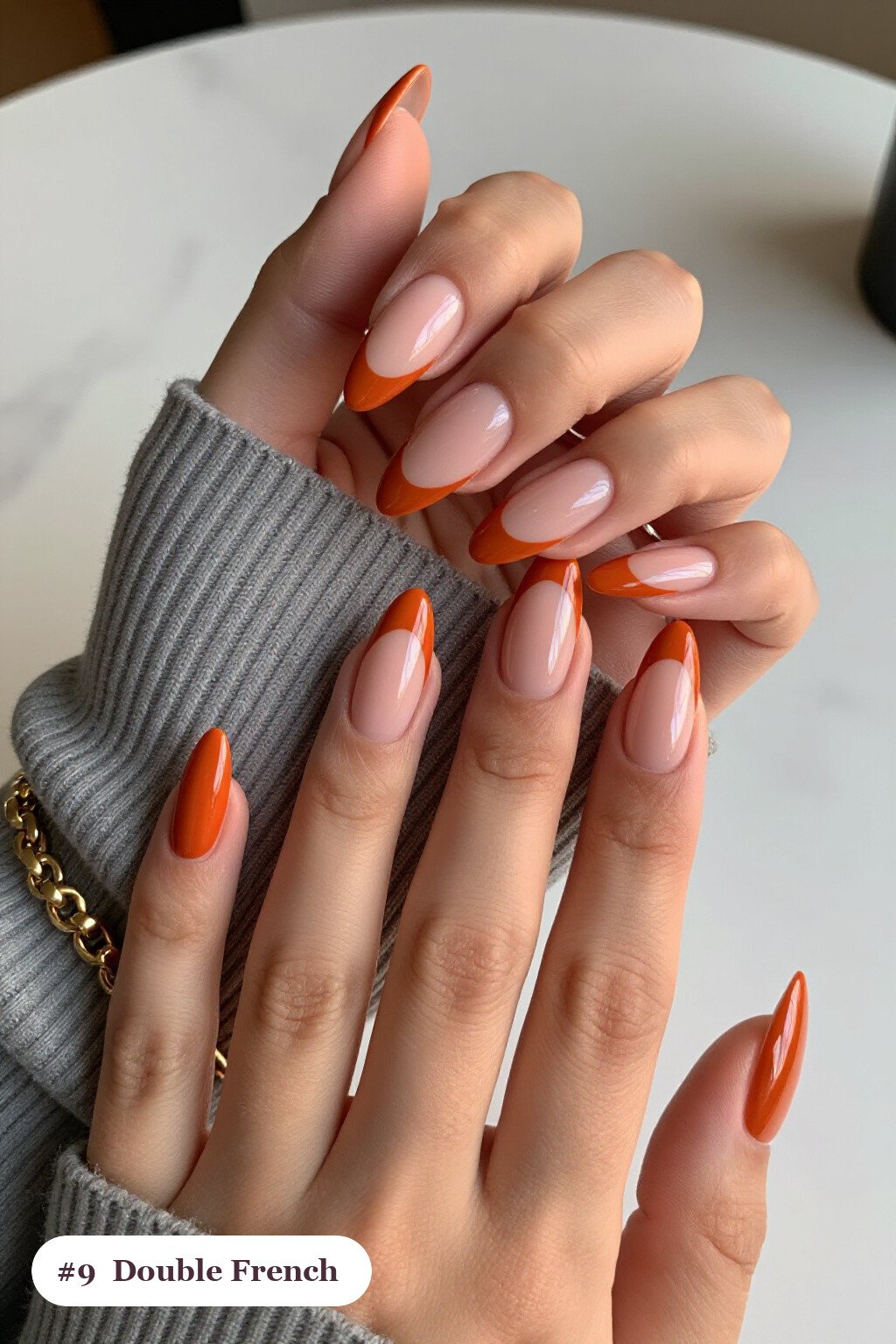 Long Stiletto Burnt Orange Nails Featuring Double‑Line French Tips in Two Colours – October Fall Nail Designs - october fall nail designs