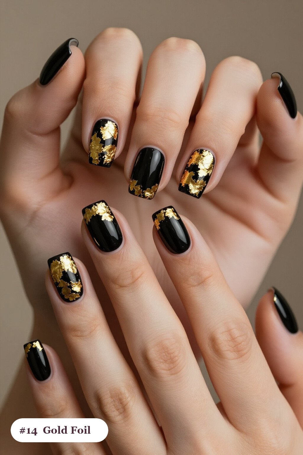 Medium square black october nails with dense gold foil flakes and gold leaf scattered across every nail, perfect for halloween - october halloween nail designs Medium square black october nails with dense gold foil flakes and gold leaf scattered across every nail, perfect for halloween - october halloween nail designs