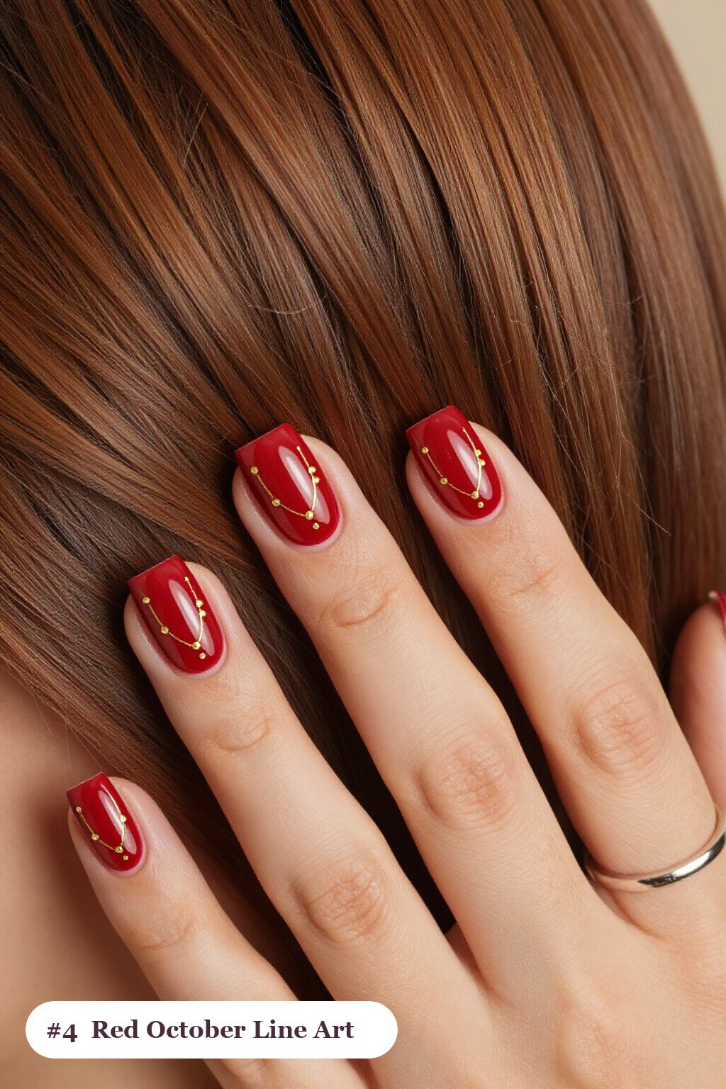Medium square blood red october nails with fine gold line art and tiny dots drawn across every nail, perfect for halloween - october halloween nail designs Medium square blood red october nails with fine gold line art and tiny dots drawn across every nail, perfect for halloween - october halloween nail designs