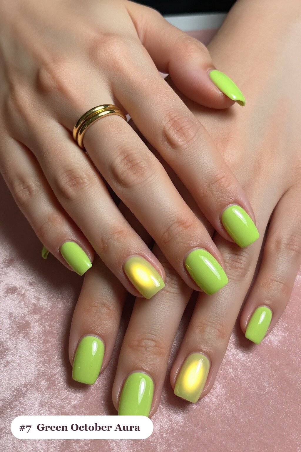Short square lime green october nails with a glowing airbrushed aura in the centre of each nail, perfect for halloween - october halloween nail designs Short square lime green october nails with a glowing airbrushed aura in the centre of each nail, perfect for halloween - october halloween nail designs