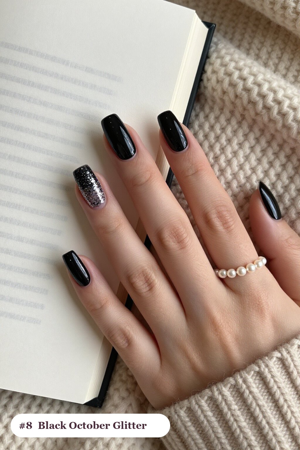 Medium coffin black october nails with a sparkling glitter gradient rising from the cuticle, perfect for halloween - october halloween nail designs Medium coffin black october nails with a sparkling glitter gradient rising from the cuticle, perfect for halloween - october halloween nail designs