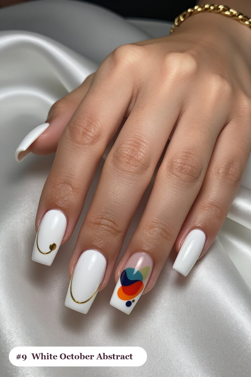Long square bone white october nails with abstract art of colour blobs, gold outlines and dots, perfect for halloween - october halloween nail designs Long square bone white october nails with abstract art of colour blobs, gold outlines and dots, perfect for halloween - october halloween nail designs