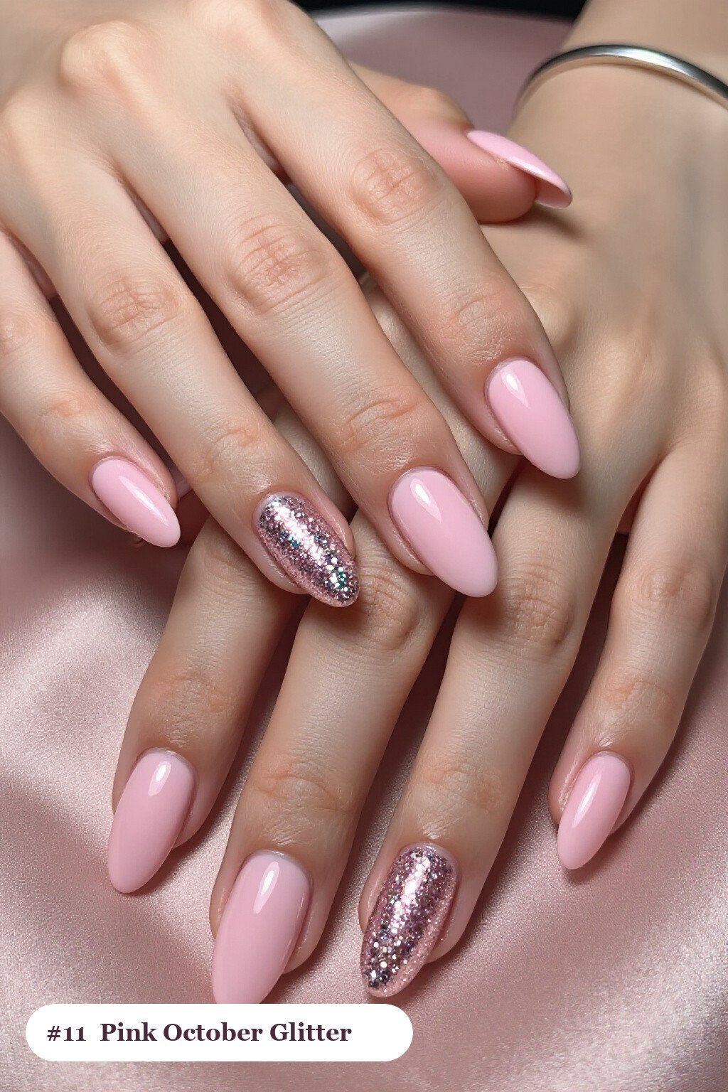 Medium almond baby pink october nails with a sparkling glitter gradient rising from the cuticle - october nail ideas Medium almond baby pink october nails with a sparkling glitter gradient rising from the cuticle - october nail ideas