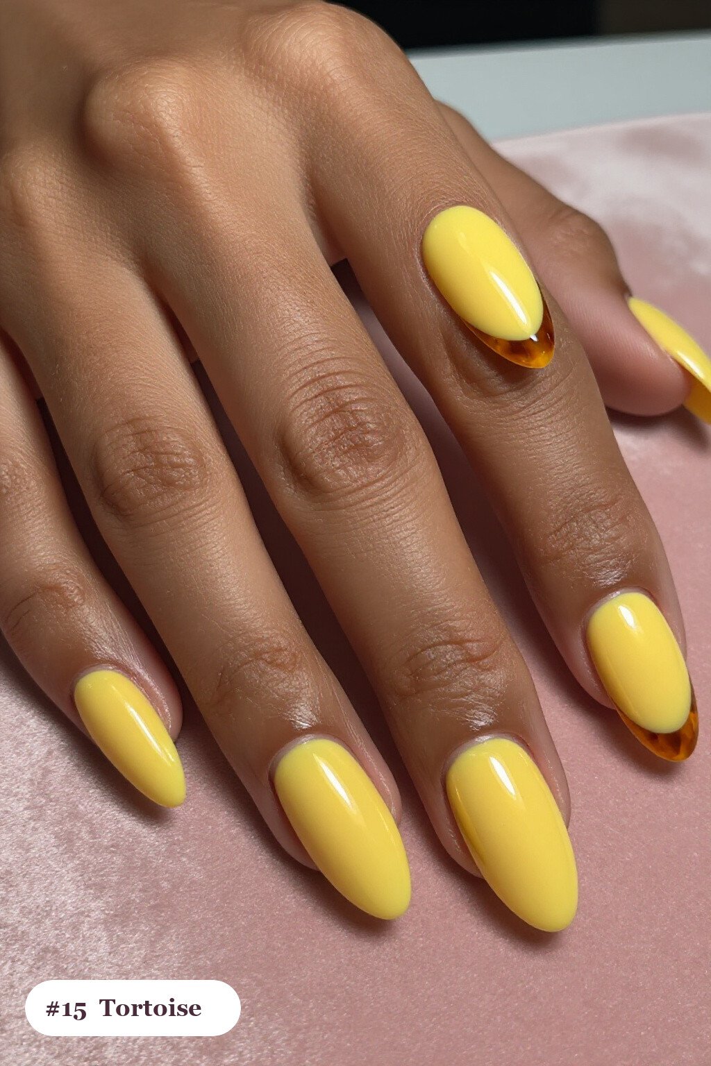 Long almond butter yellow october nails with glossy amber tortoiseshell on two accent nails - october nail ideas Long almond butter yellow october nails with glossy amber tortoiseshell on two accent nails - october nail ideas