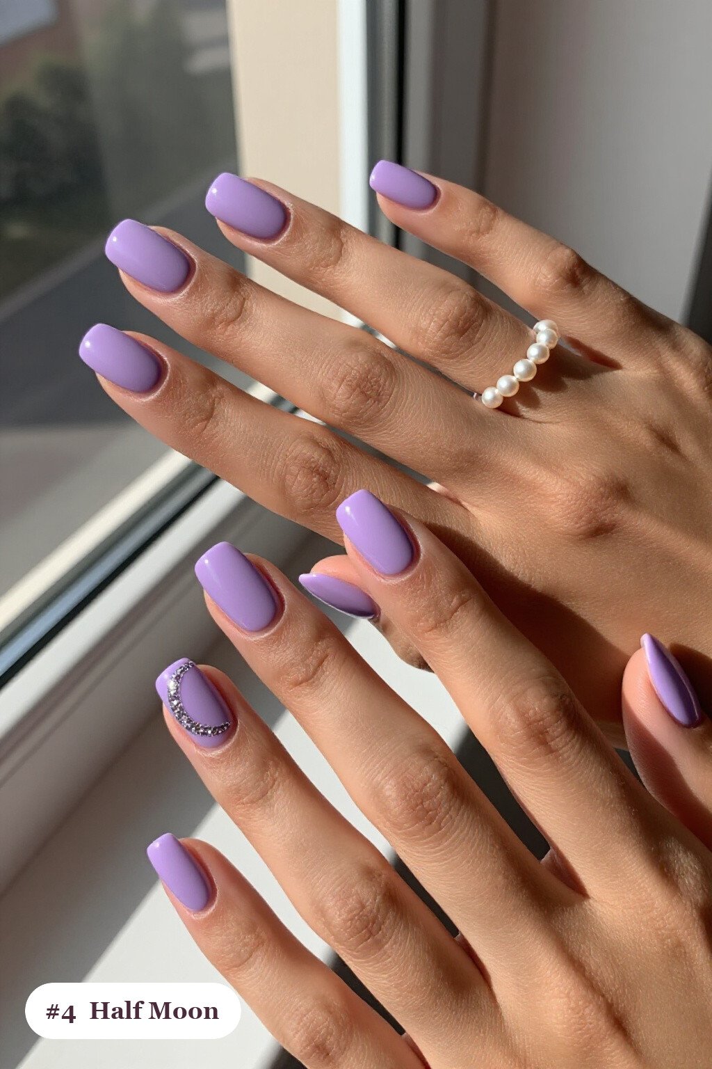 Short square lilac october nails in a half-moon design with a glitter crescent at the cuticle - october nail ideas Short square lilac october nails in a half-moon design with a glitter crescent at the cuticle - october nail ideas