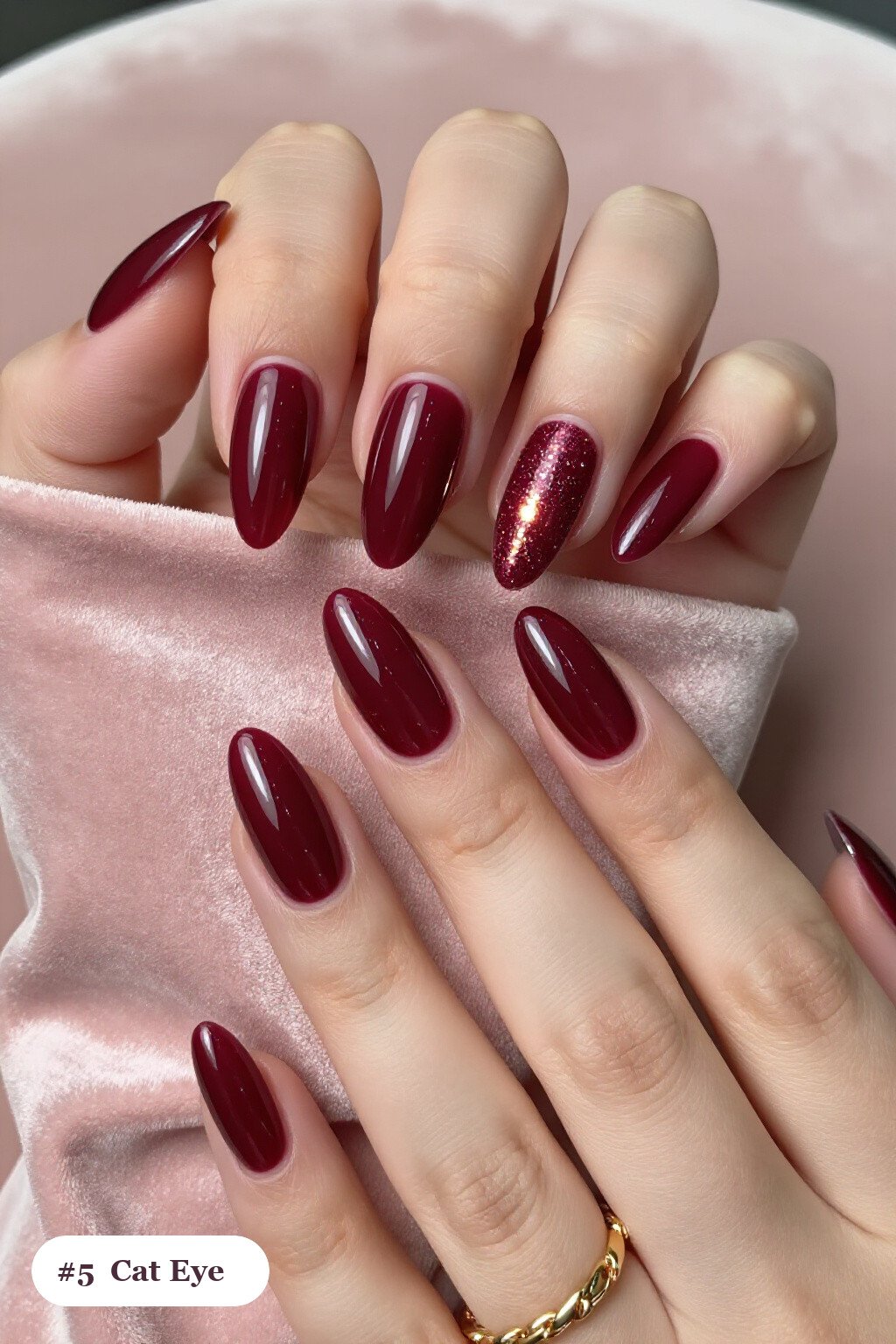 Long almond burgundy october nails with a glowing shimmer band of light running down the centre of each nail like a gemstone - october nail ideas Long almond burgundy october nails with a glowing shimmer band of light running down the centre of each nail like a gemstone - october nail ideas