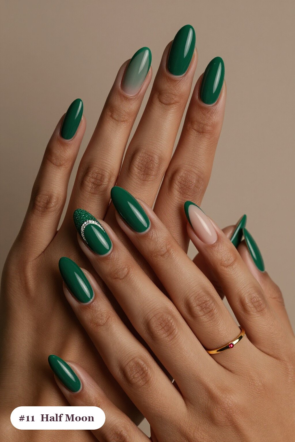 Long ballerina emerald green october november nails in a half-moon design with a glitter crescent at the cuticle - october november nail designs