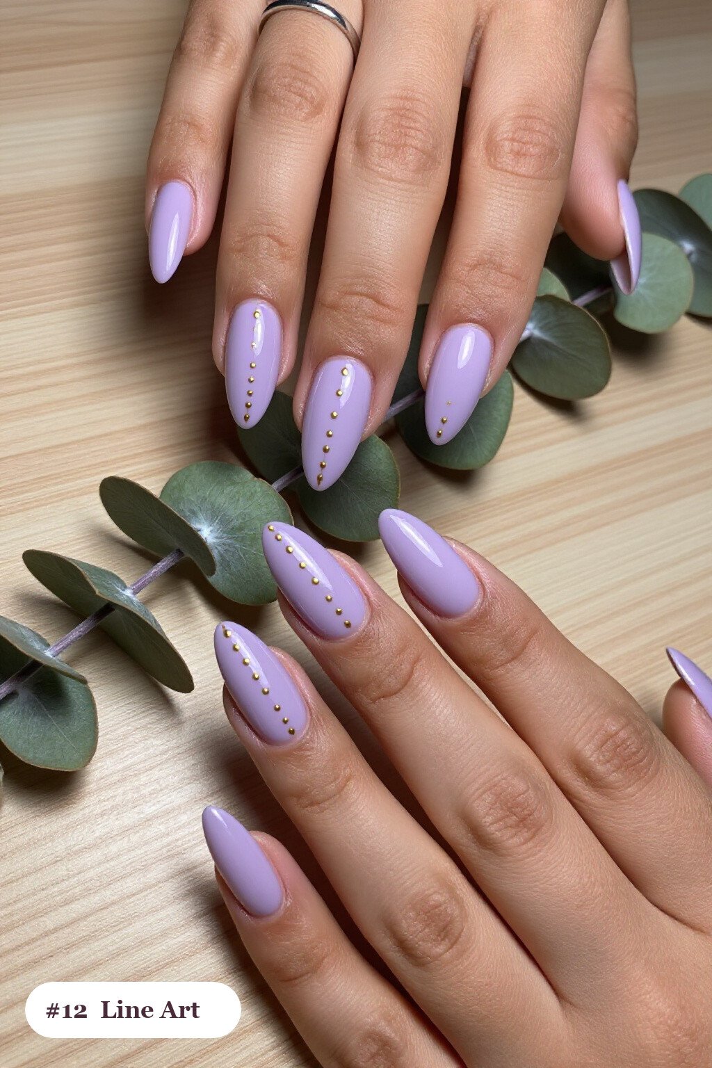 Long almond lilac october november nails with fine gold line art and tiny dots drawn across every nail - october november nail designs