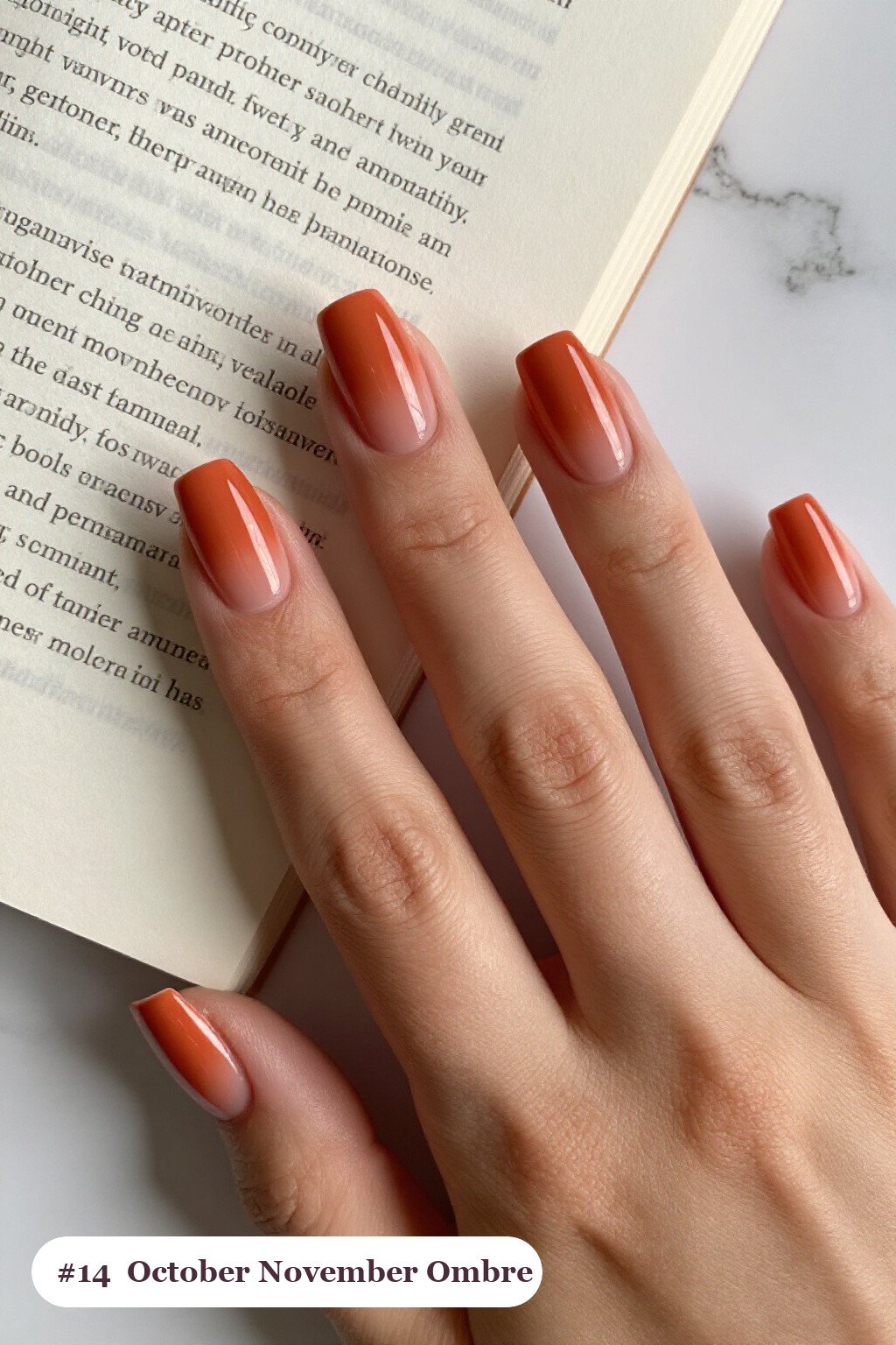 Medium square terracotta october november nails with a vivid two-colour ombre melting from the cuticle to the tips - october november nail designs