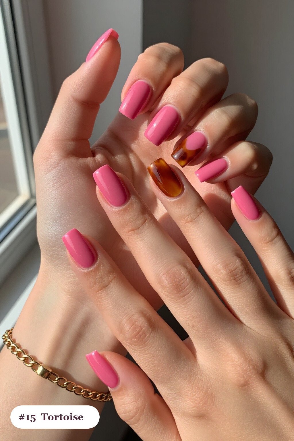 Short square hot pink october november nails with glossy amber tortoiseshell on two accent nails - october november nail designs